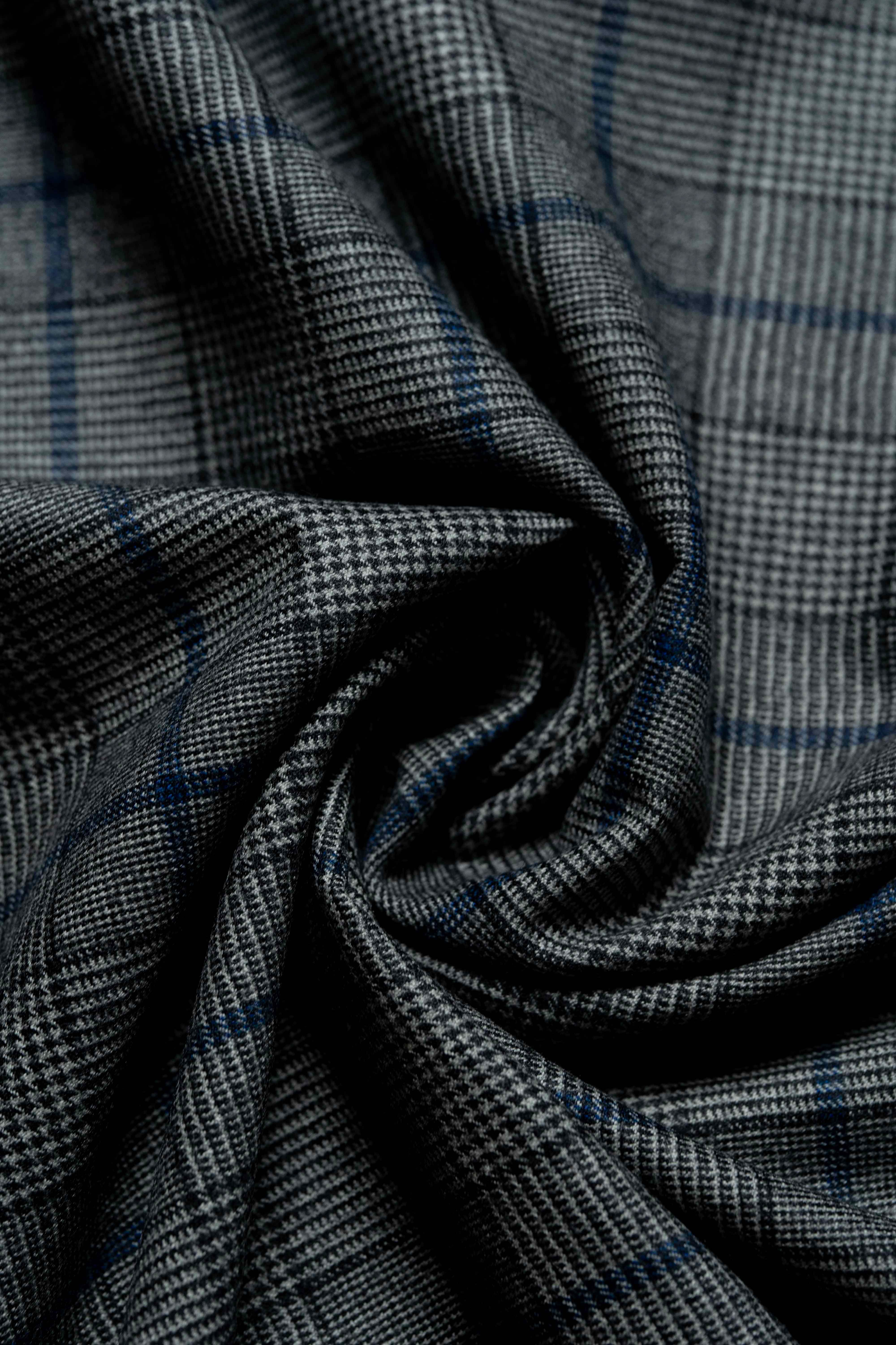 Fratelli Tallia Di Delfino blue Glen Plaid fabric displaying luxurious Super 130's wool flannel texture.