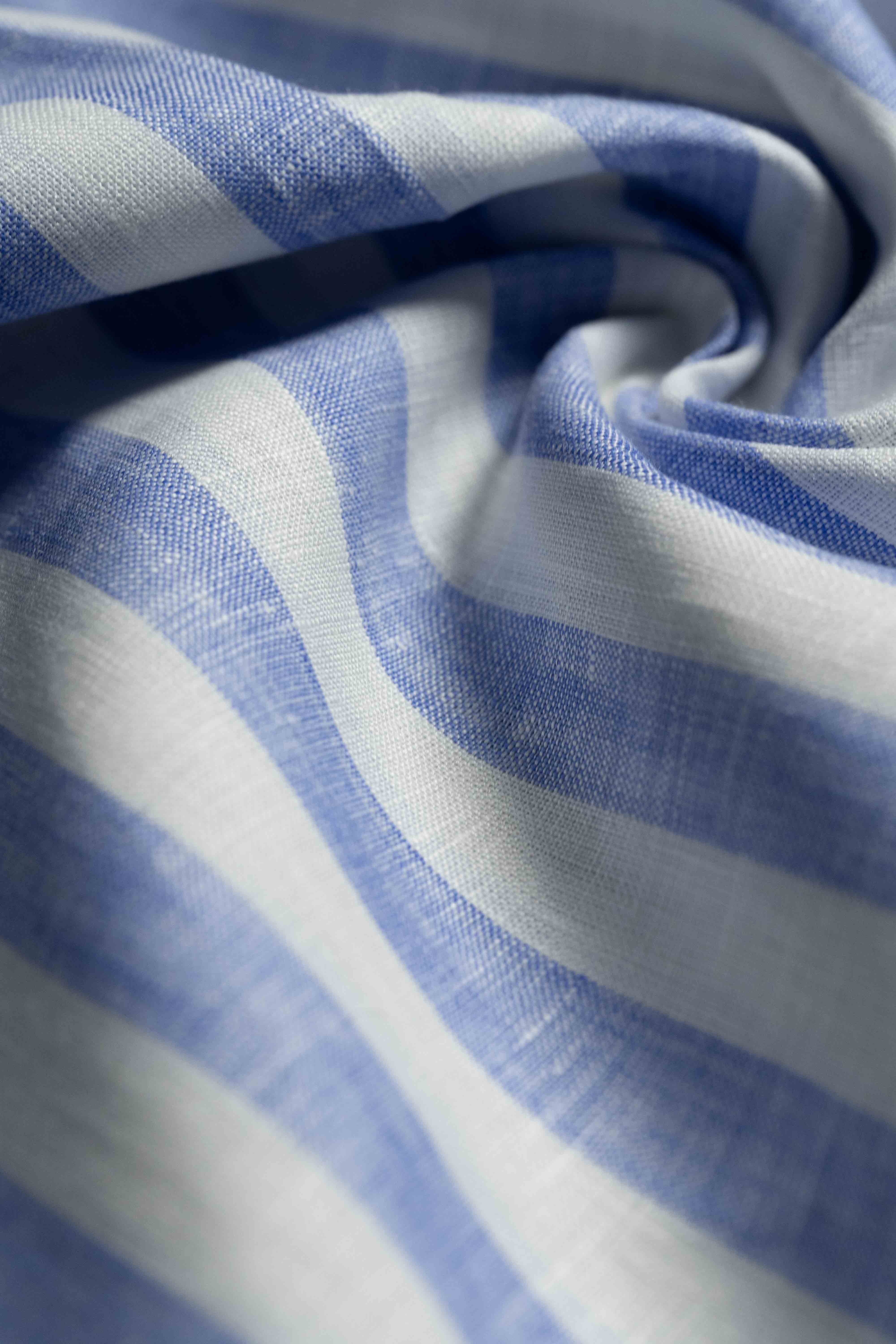 Solbiati Linen Light Blue Stripe Shirt Fabric close-up showcasing elegant texture and pattern.