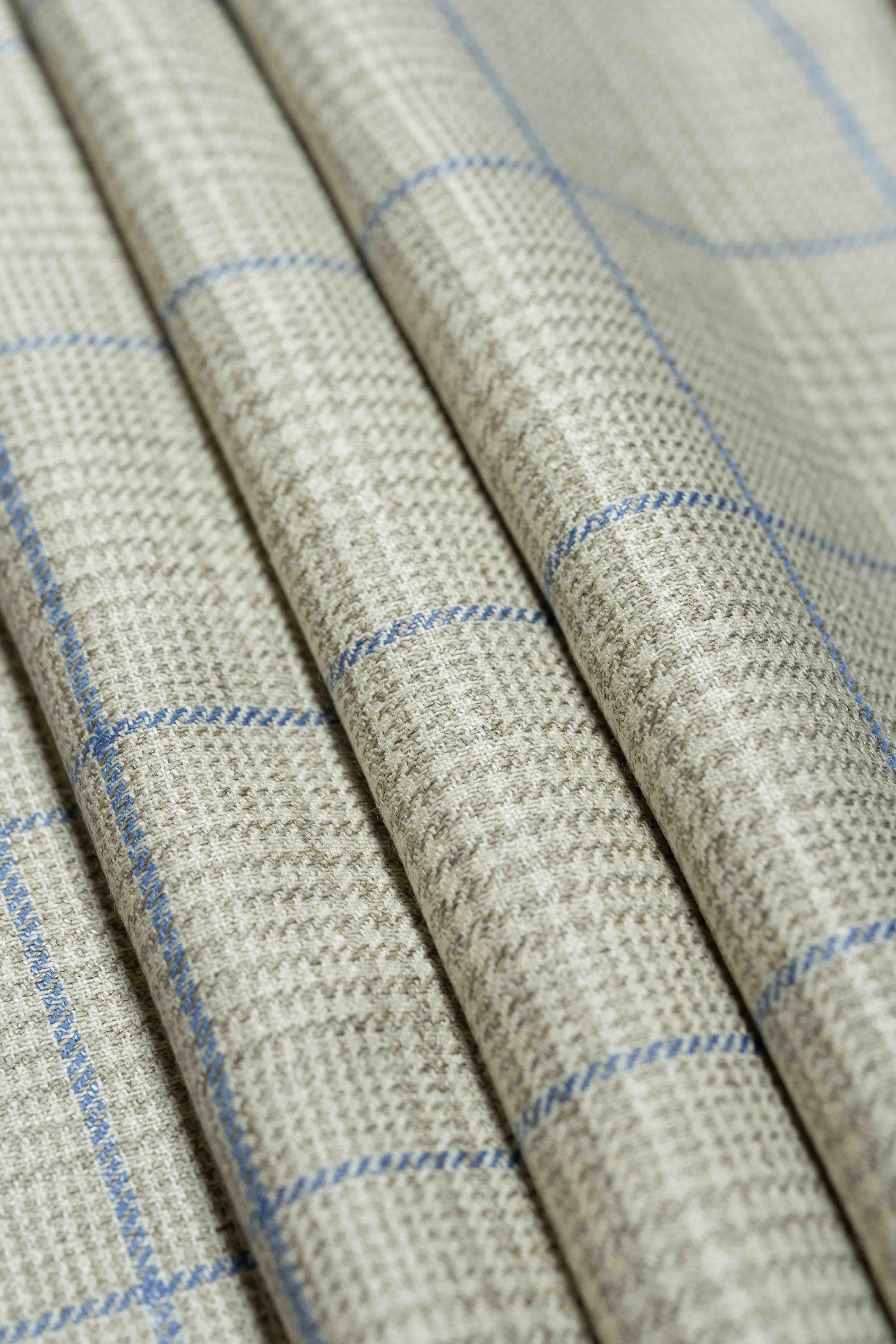 Marling & Evans Blue Check Linen Cotton Suit Jacketing fabric in beige and blue pattern.