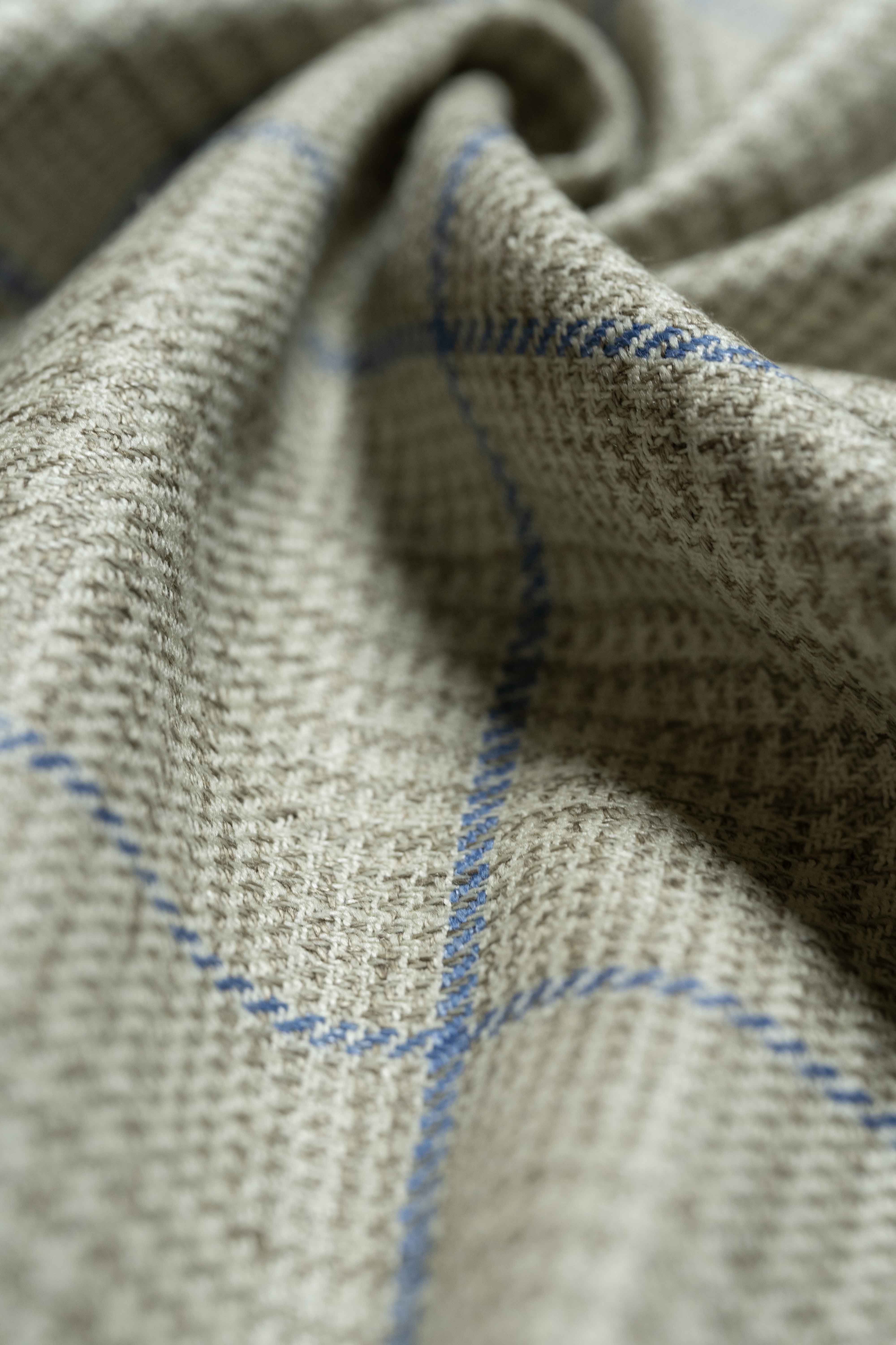 Marling & Evans Blue Check Linen Cotton Suit Jakceting fabric texture close-up.