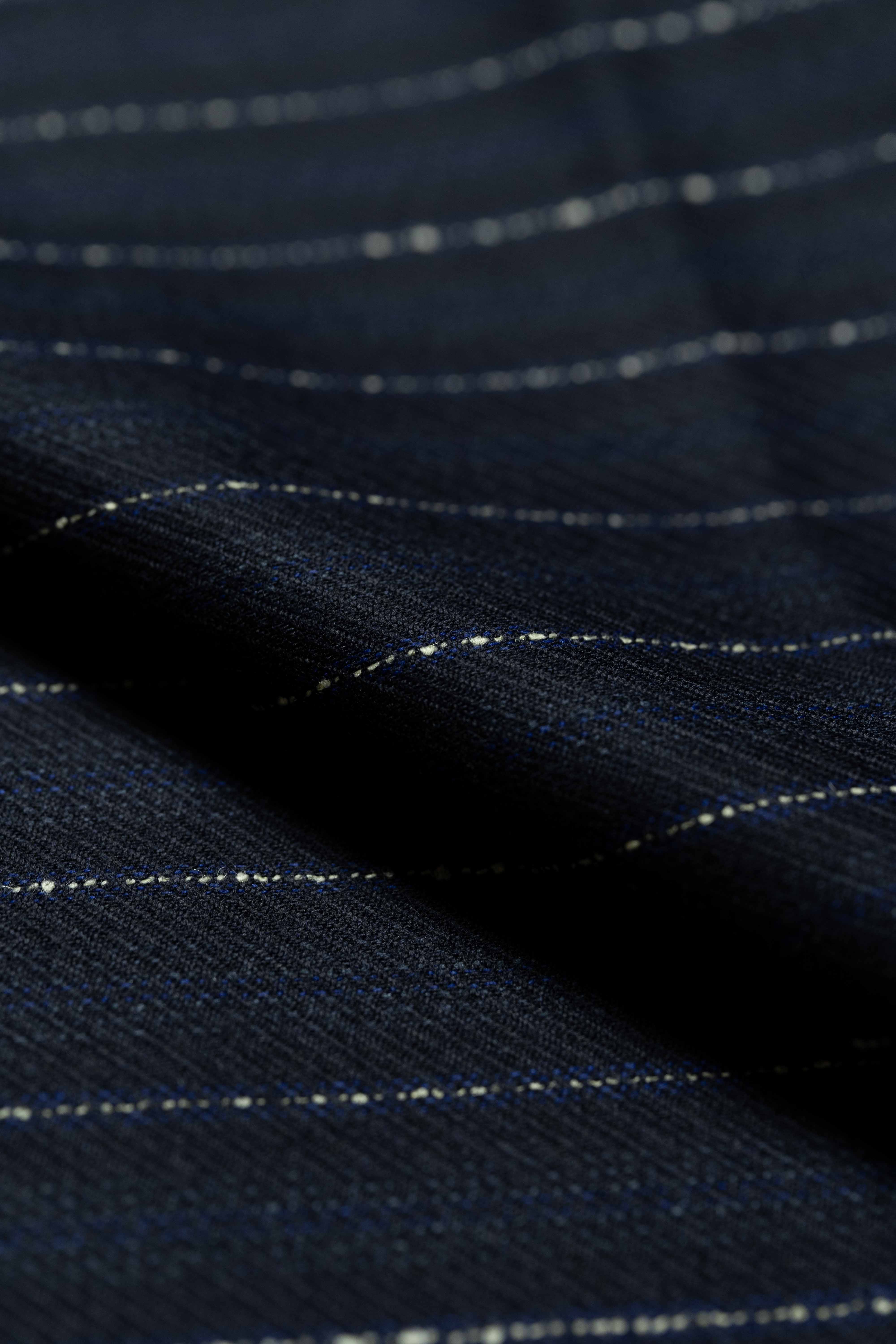 Dormeuil Blue & White Stripe Wool Suiting fabric texture showing fine stripes