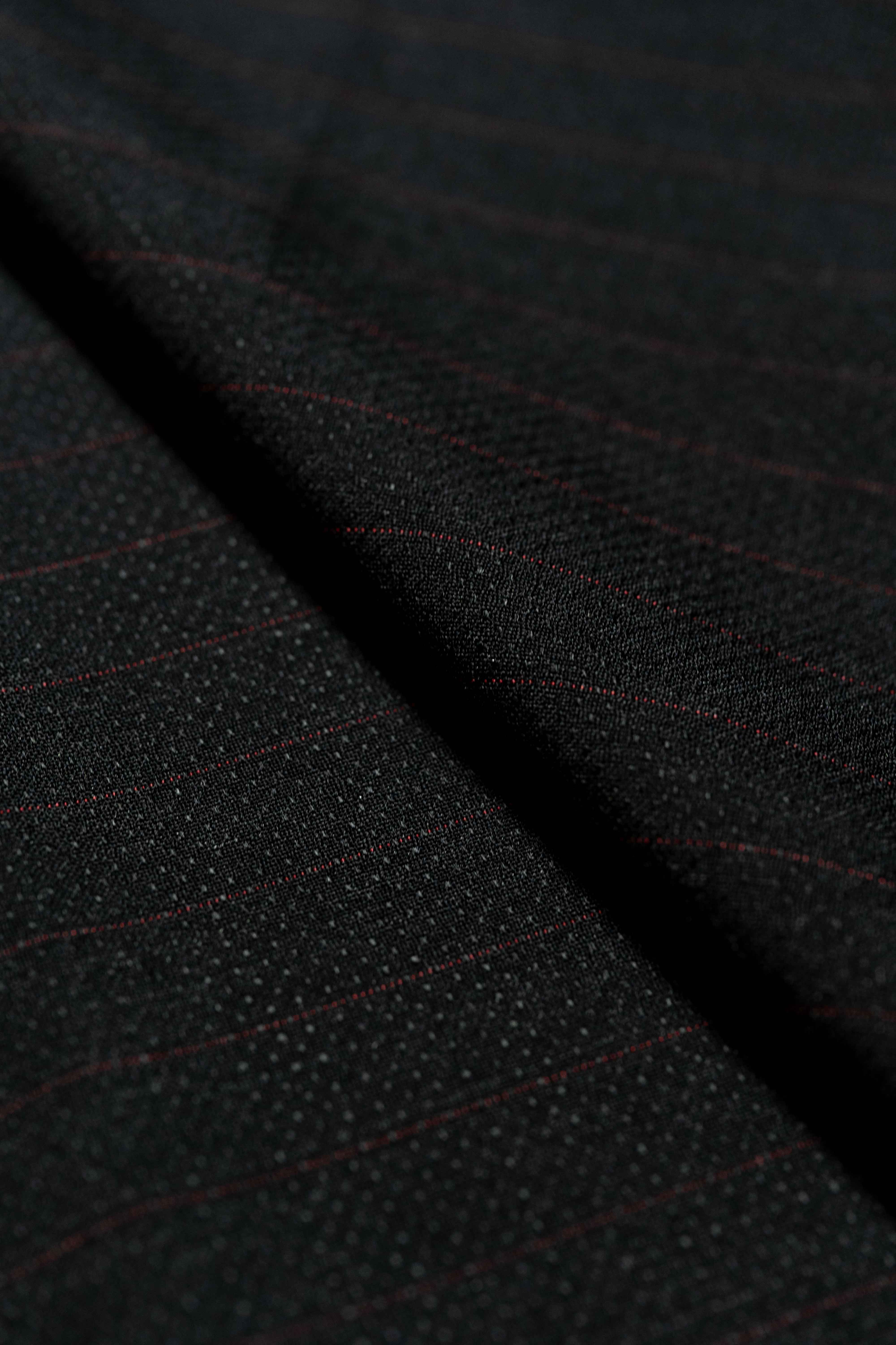 Loro Piana Black & Red Stripe Kid Mohair Suiting fabric close-up showing texture and pattern.