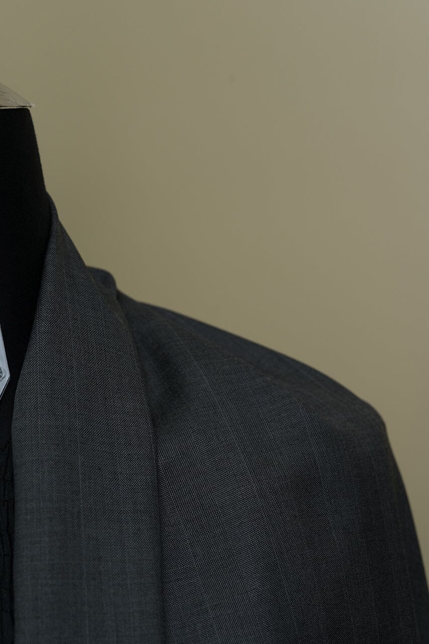 Vintage Suit Fabrics-E.Thomas V23314 E.Thomas Grey Stripe Herringbone Wool Suiting -3.2m