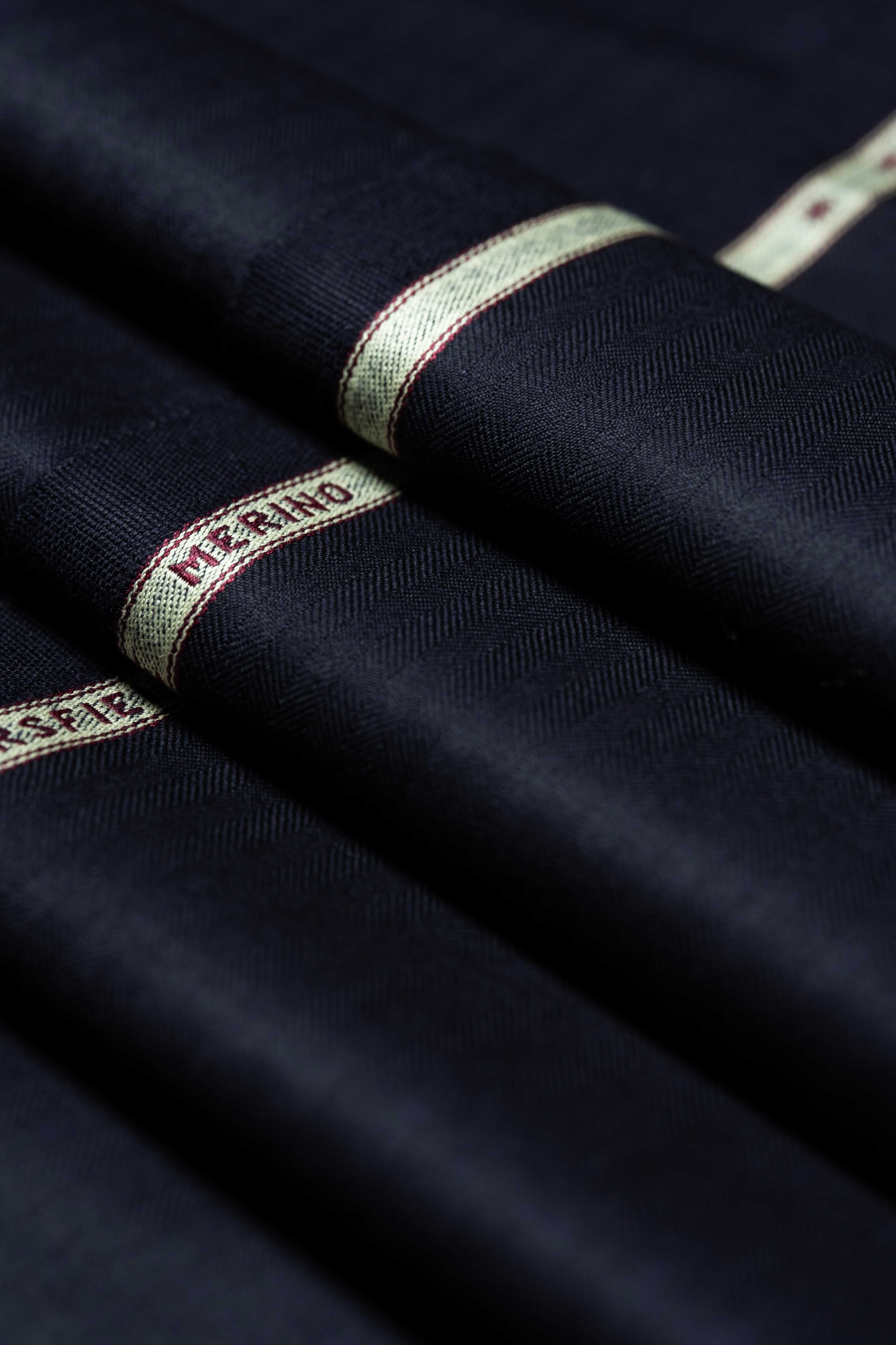 Modern Suit Fabrics-Huddersfield Cloth LS3726 Huddersfield Cloth Midnight Blue Herringbone 120's Merino Trousers - 1.8m