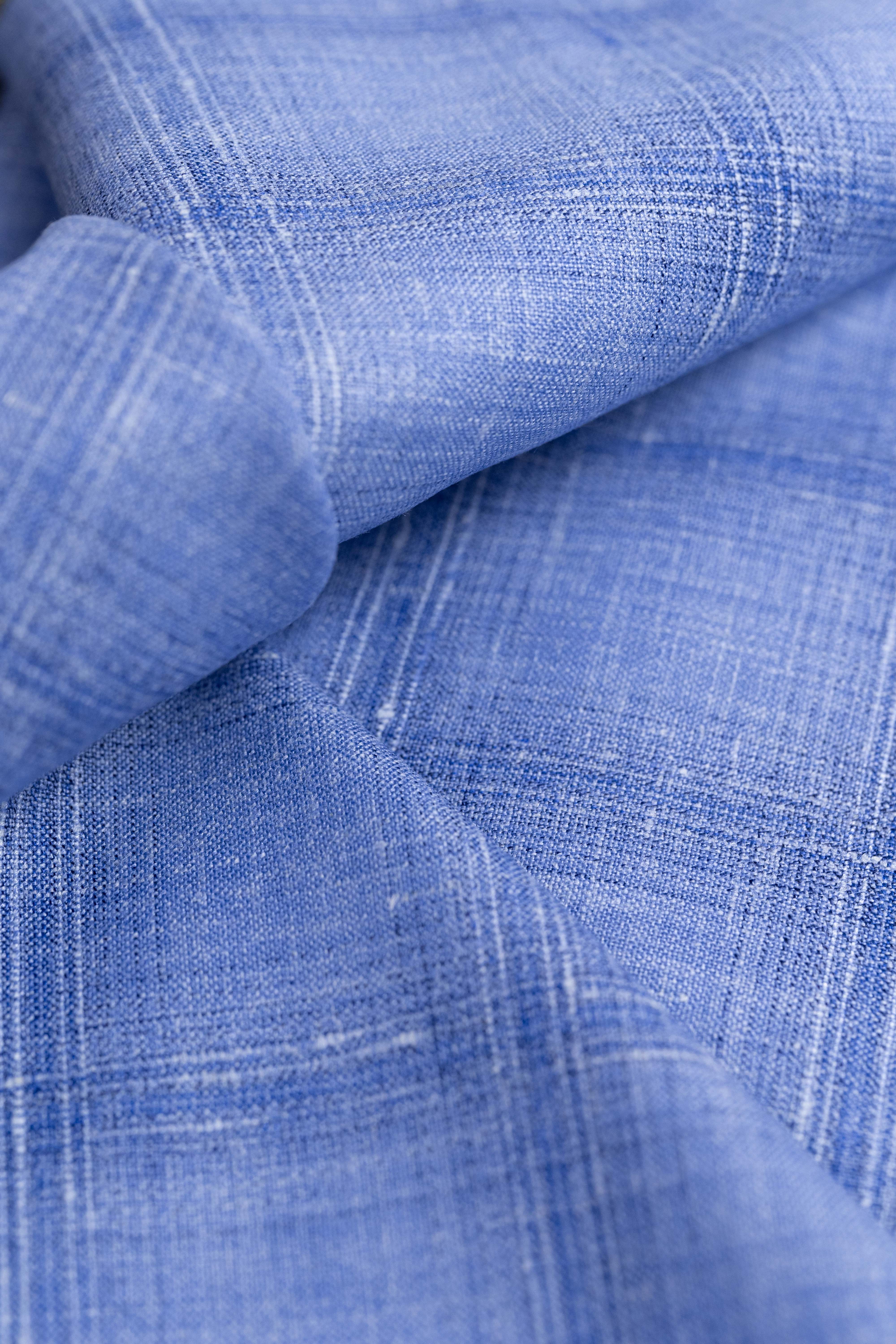 E.Thomas Sky Blue Check Wool Silk Linen Jacketing Fabric