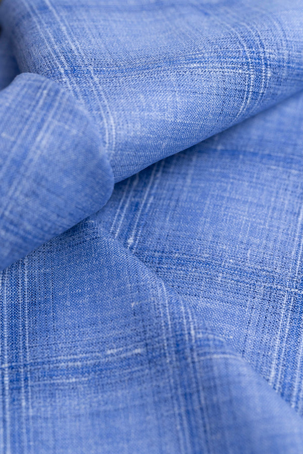 E.Thomas Sky Blue Check Wool Silk Linen Jacketing Fabric - 2.1 Meters