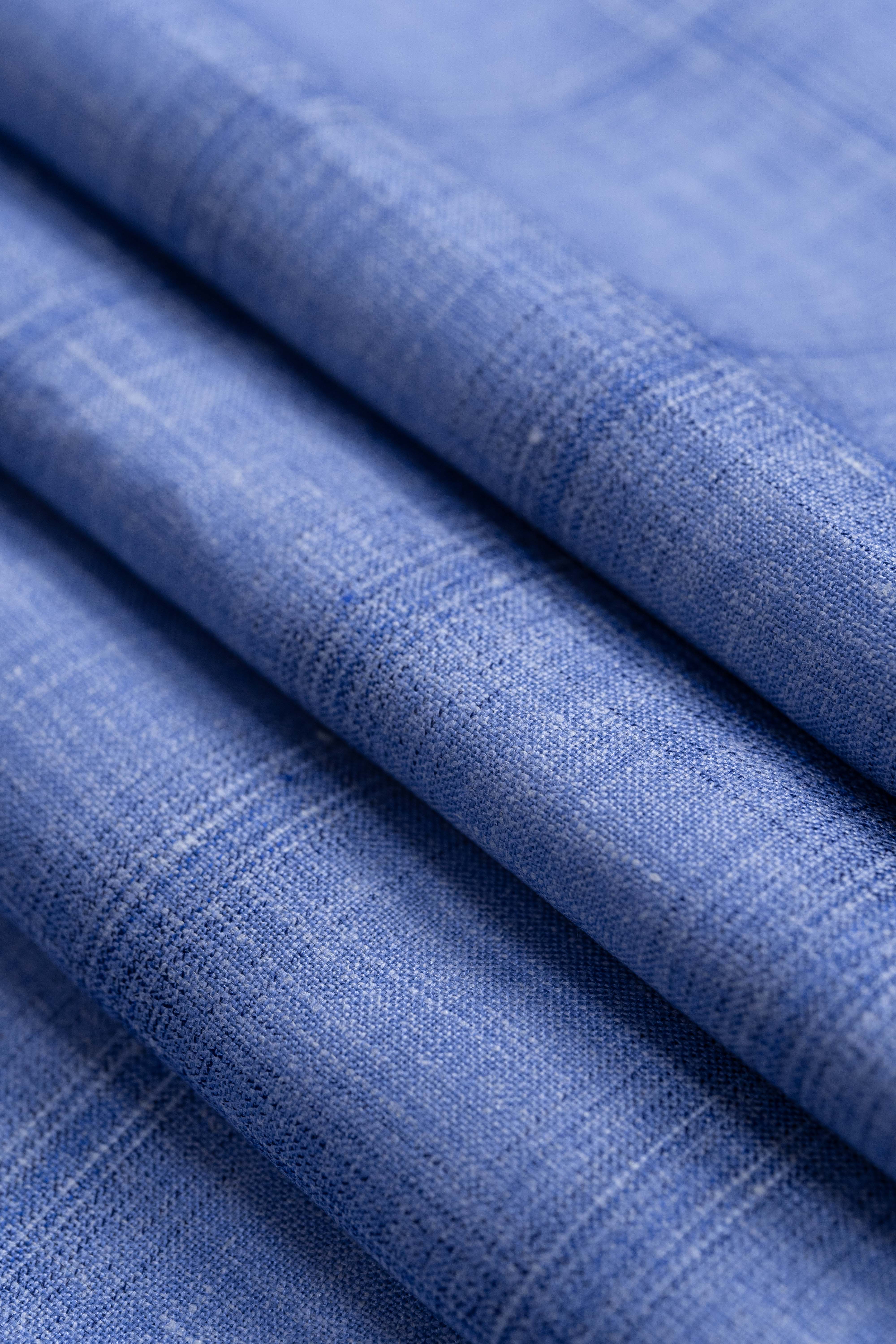 E.Thomas Sky Blue Check Wool Silk Linen Jacketing Fabric