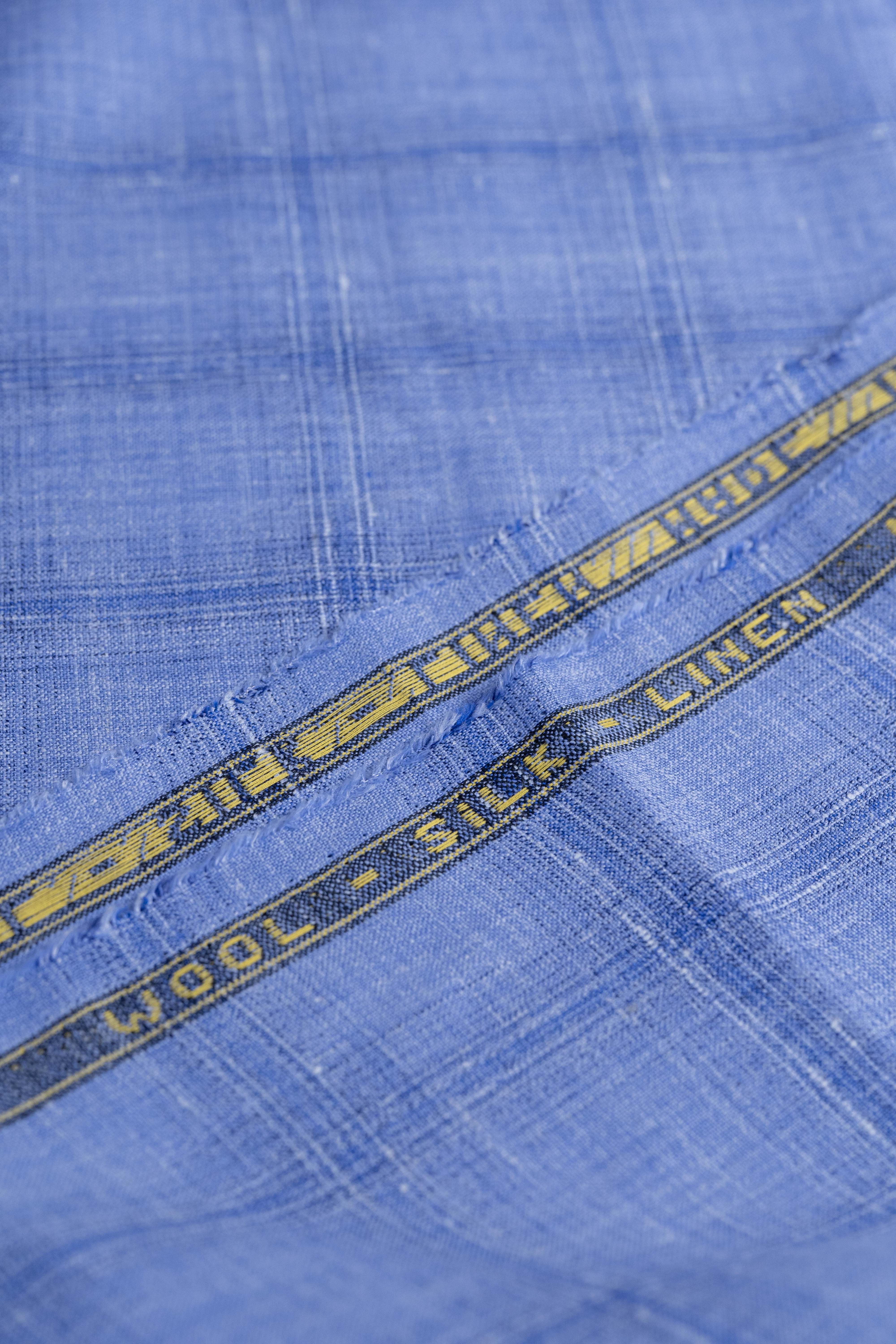 E.Thomas Sky Blue Check Wool Silk Linen Jacketing Fabric