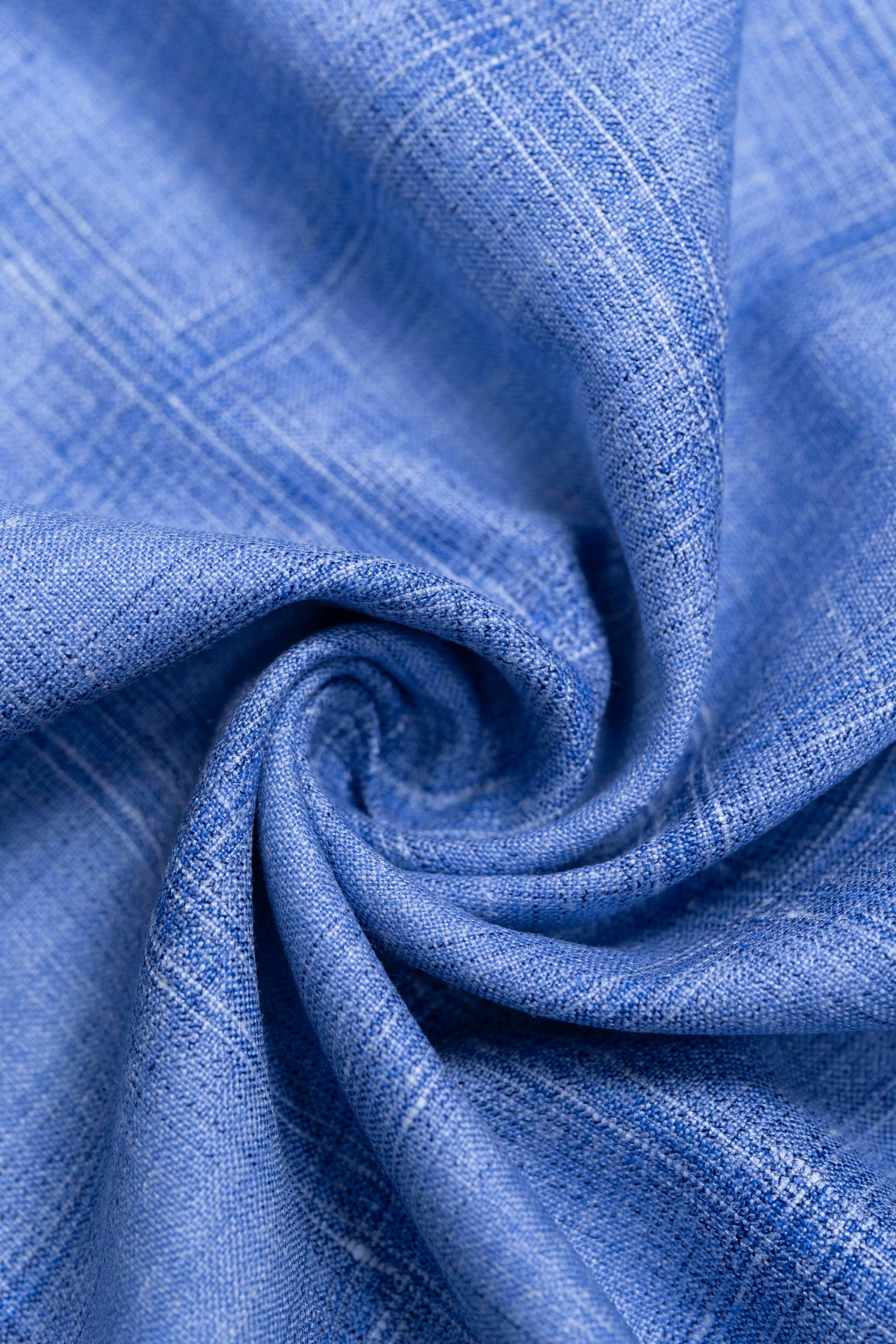 E.Thomas Sky Blue Check Wool Silk Linen Jacketing Fabric