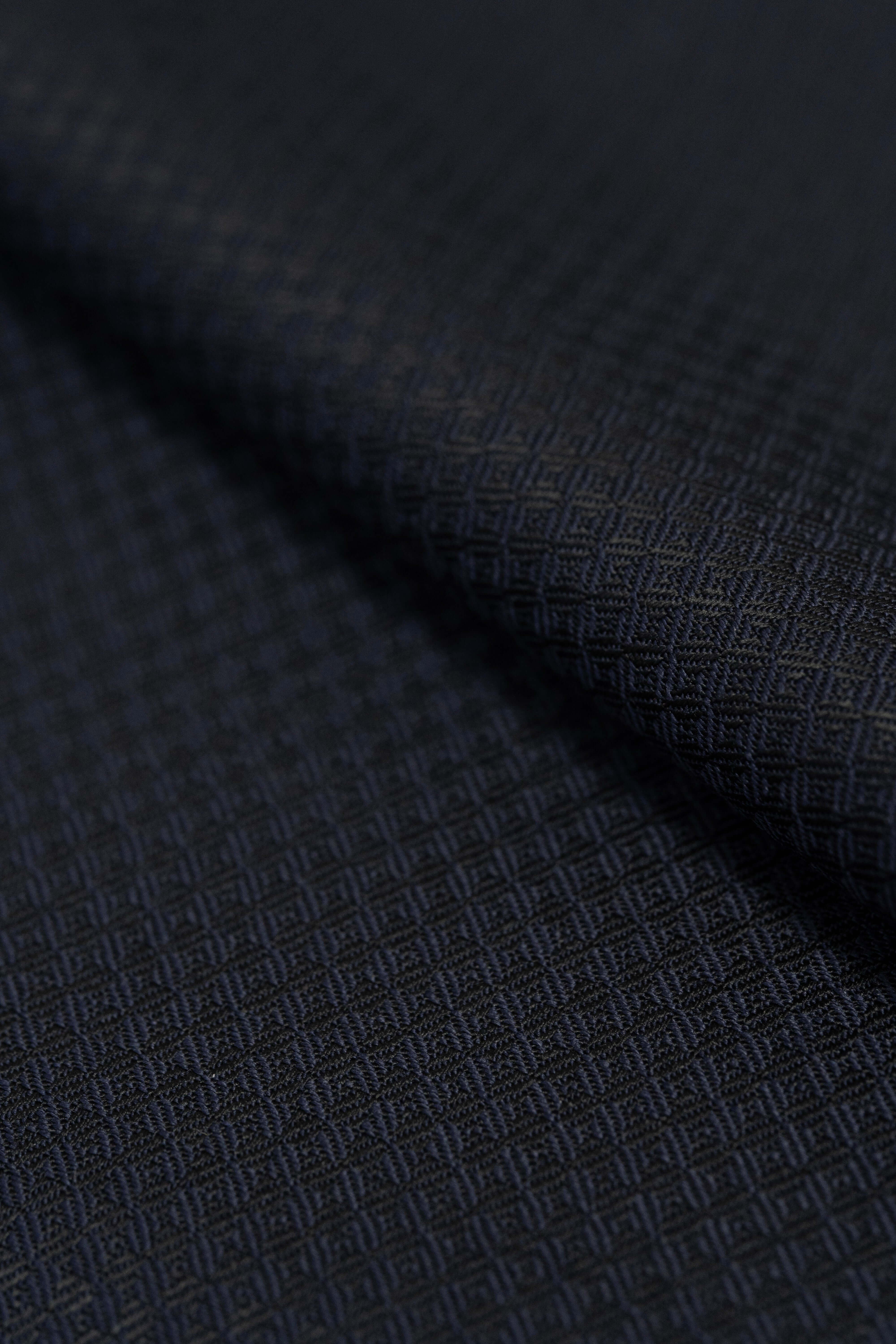 Barrington Dark Navy Geometric Pattern Wool Suiting fabric showcasing Barrington Panama Weave texture.