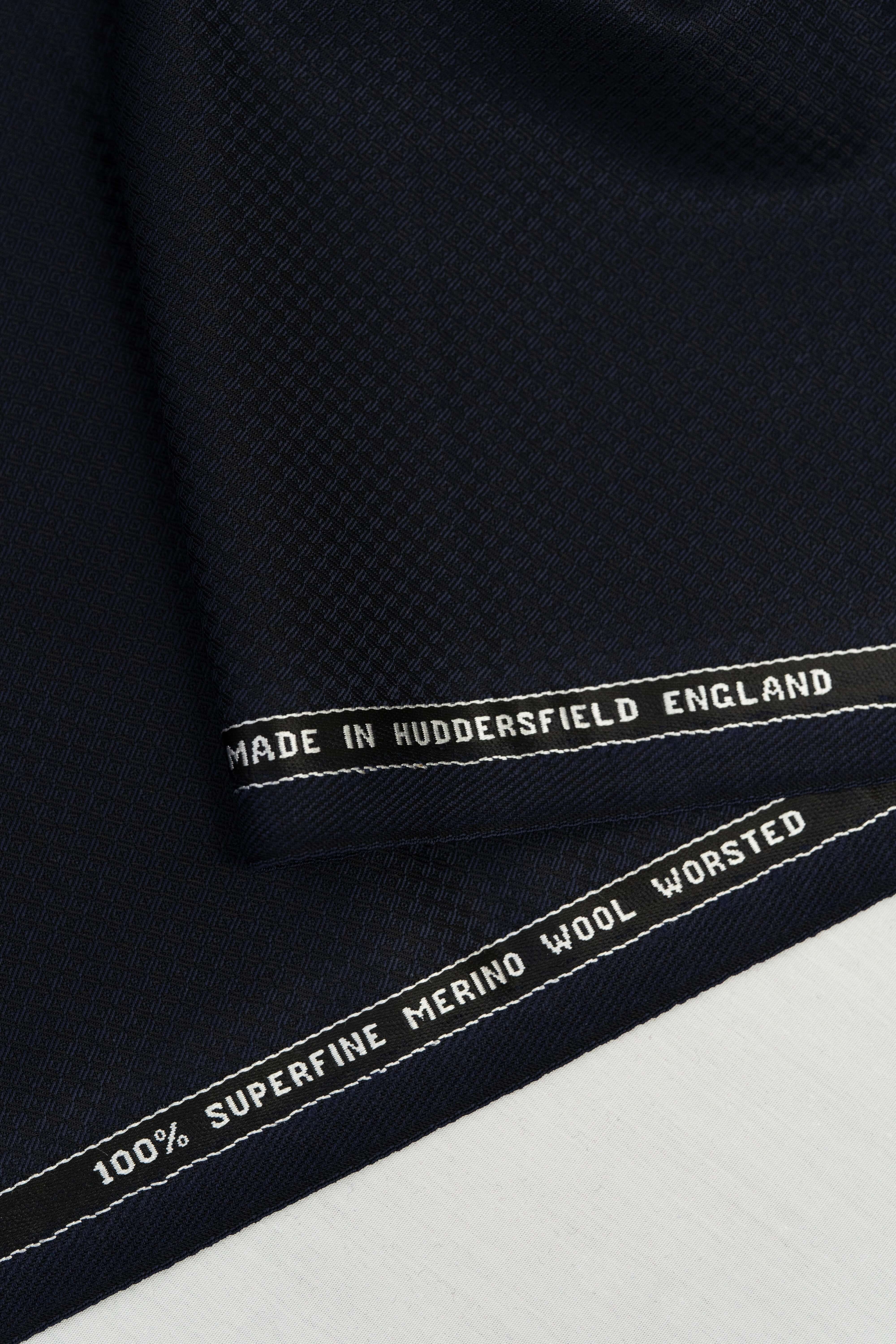 Barrington Panama Weave Dark Navy Geometric Pattern Wool Suiting fabric with labels, 100% Superfine Merino Wool