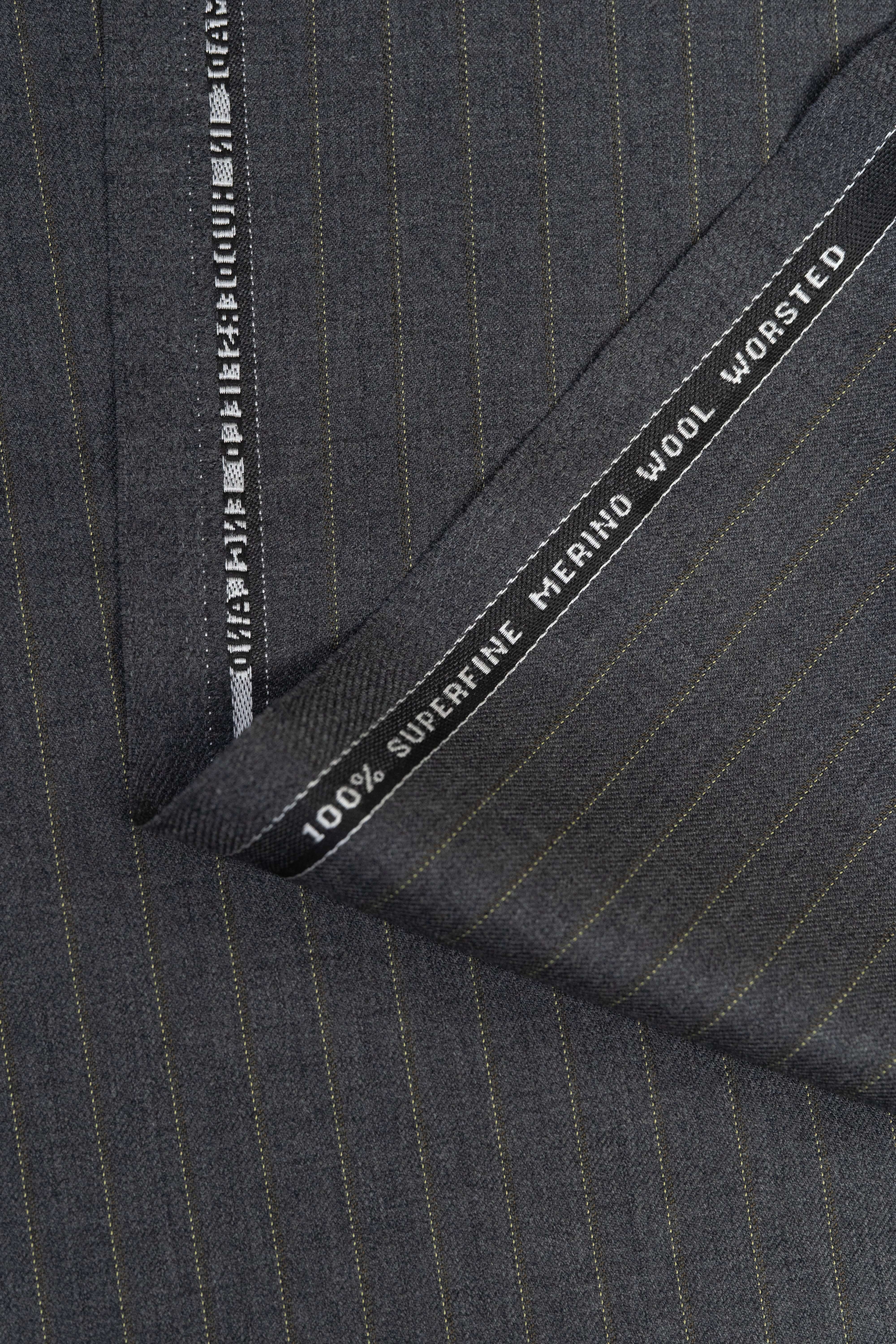 Close-up of Barrington Grey merino wool suiting fabric with yellow stripe, showcasing the quality and texture.