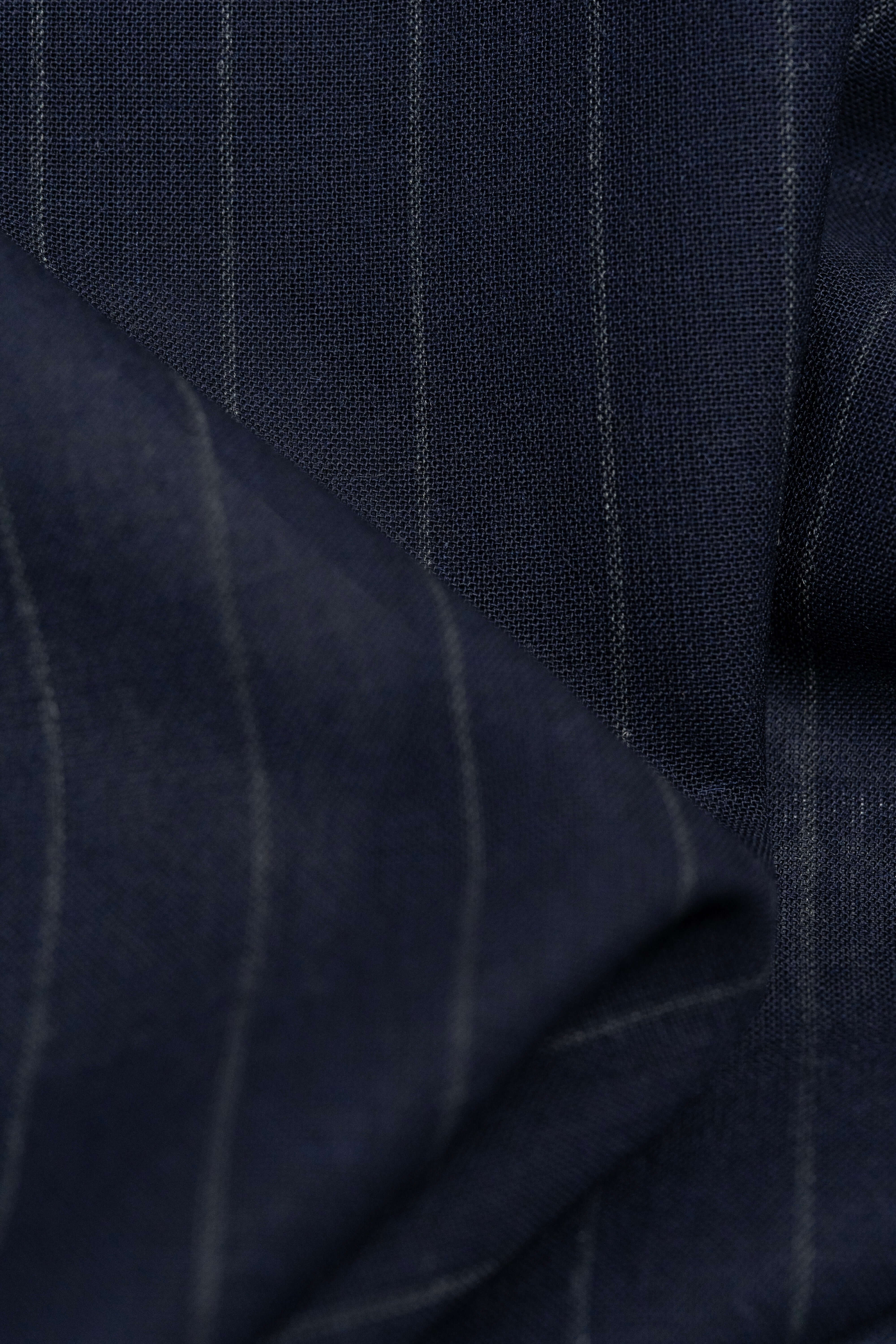 Close-up of Groves & Lindley dark blue stripe wool mohair suiting fabric, showcasing soft texture and fine stripes.