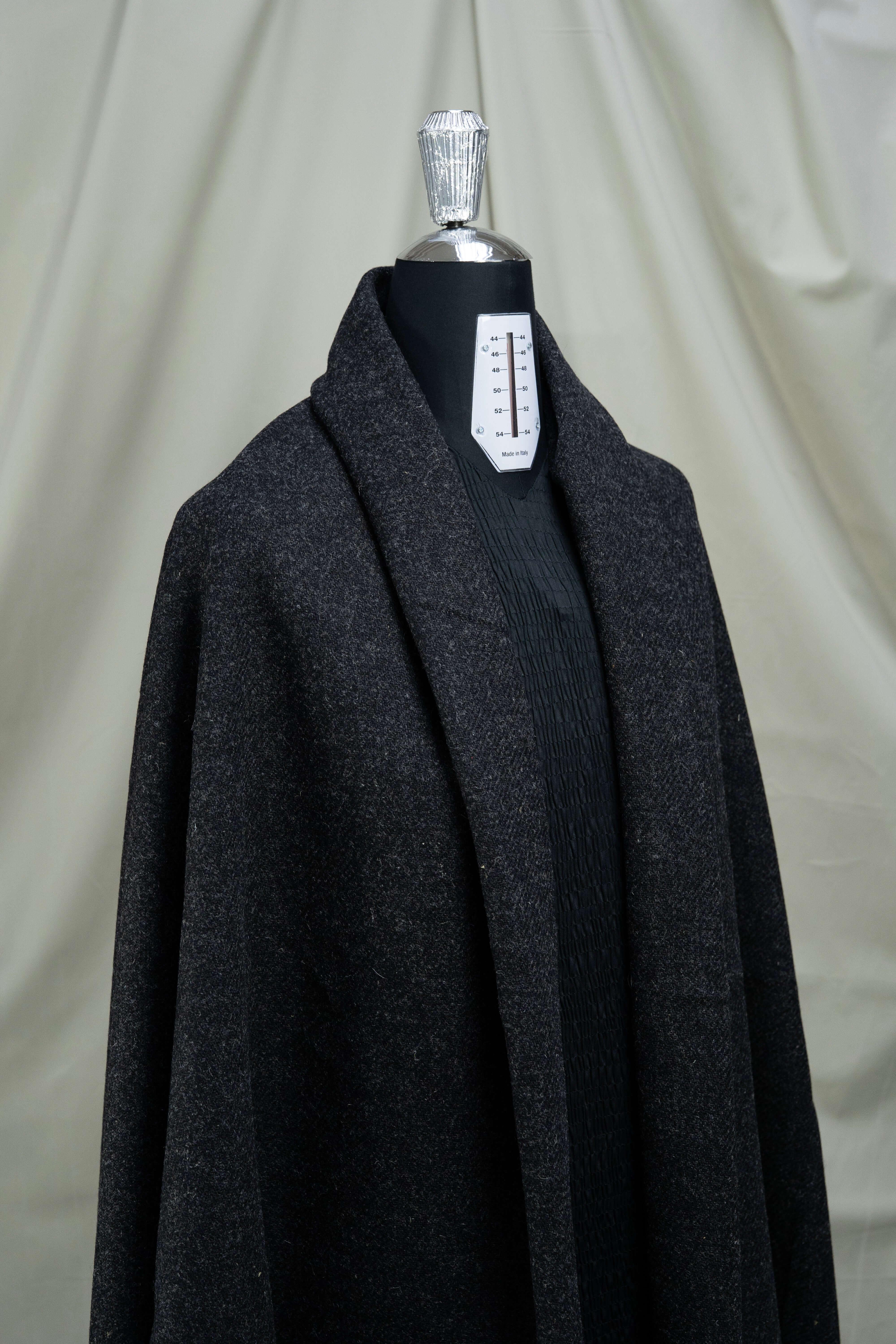 Dark Charcoal Heavy Woolen Fabric draped on a mannequin, showcasing British Red Stripe Wool Suit Fabric.