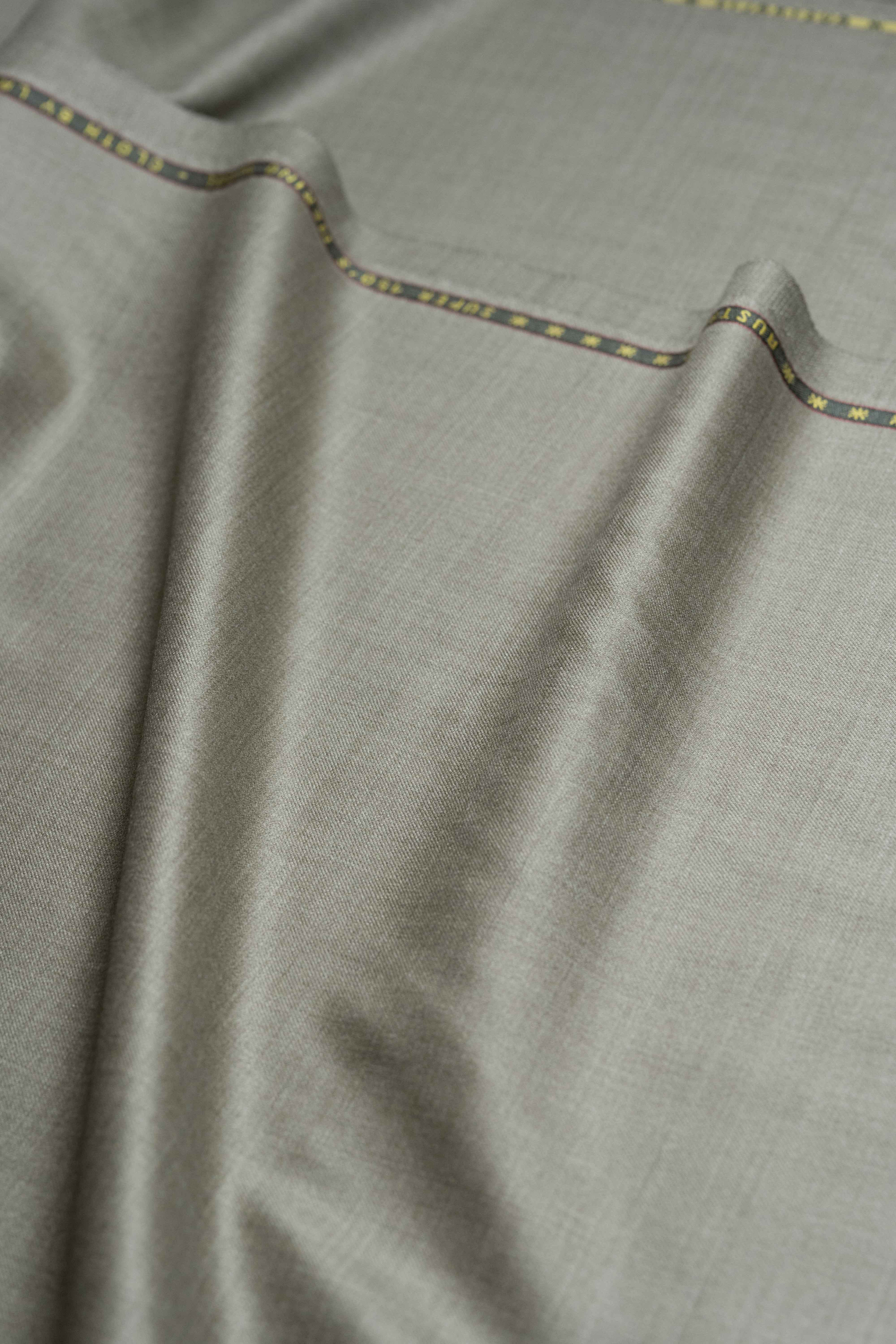 Loro Piana taupe Australian 150's merino wool suit fabric featuring a smooth texture and elegant design.