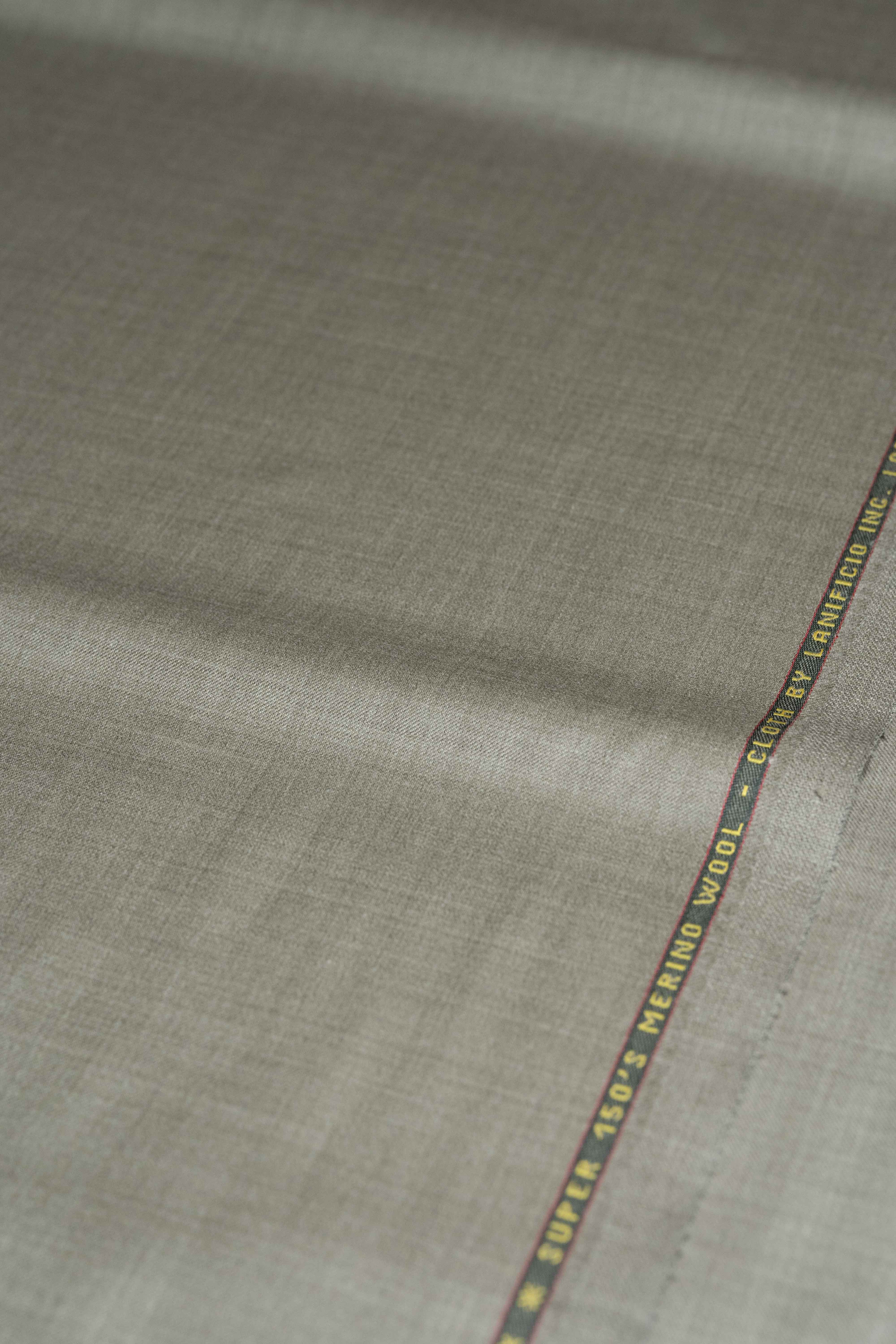 Loro Piana taupe Australian 150's merino wool suit fabric showcasing smooth texture and quality.