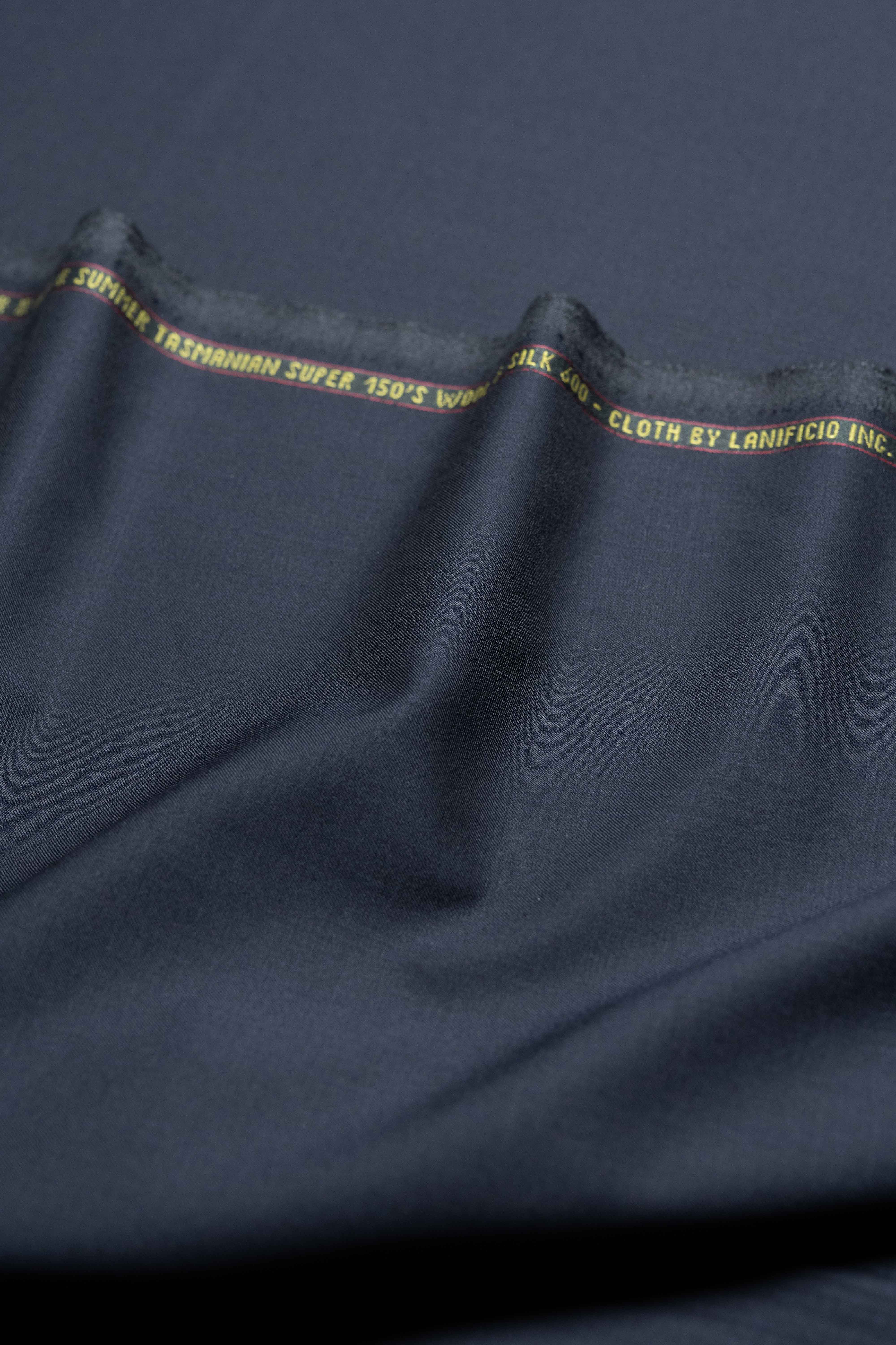 Loro Piana Midnight Navy Tasmanian 150's Wool & Silk fabric close-up with fine weave detail.