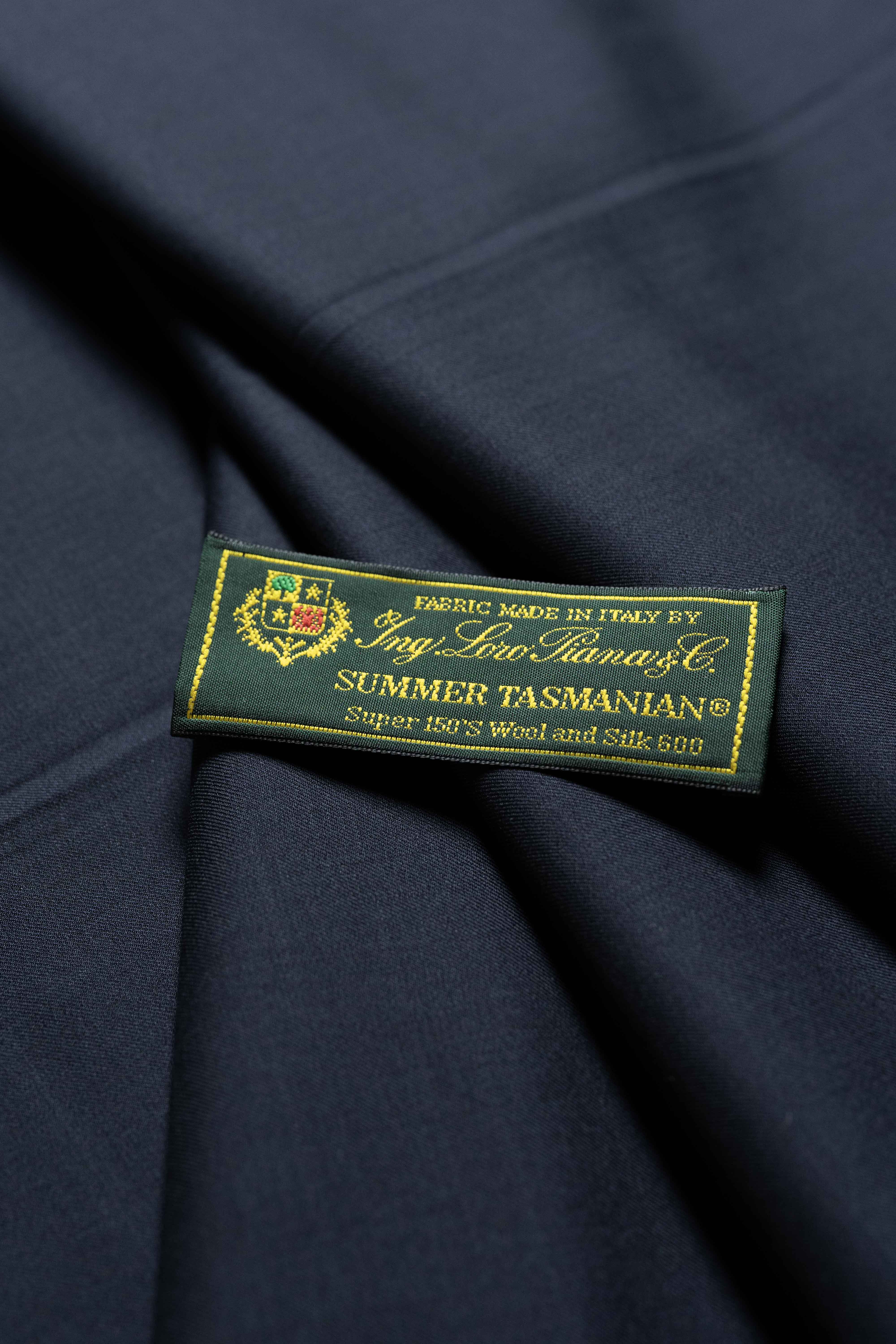Loro Piana Midnight Navy Tasmanian 150's Wool & Silk label on exquisite fabric.