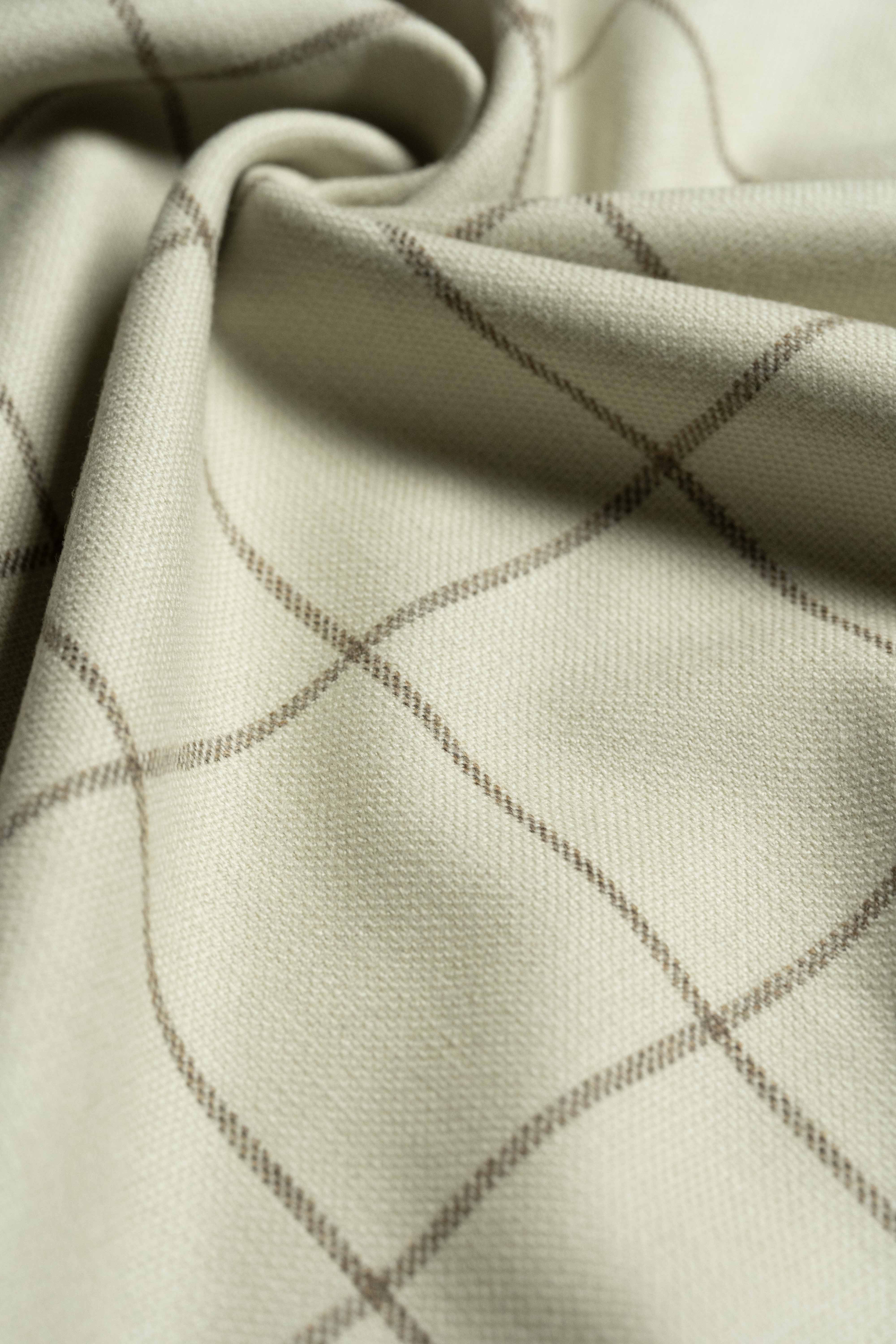 VBC Beige Check Wool & Cashmere Jacketing fabric showcasing a luxurious, soft texture and elegant design.