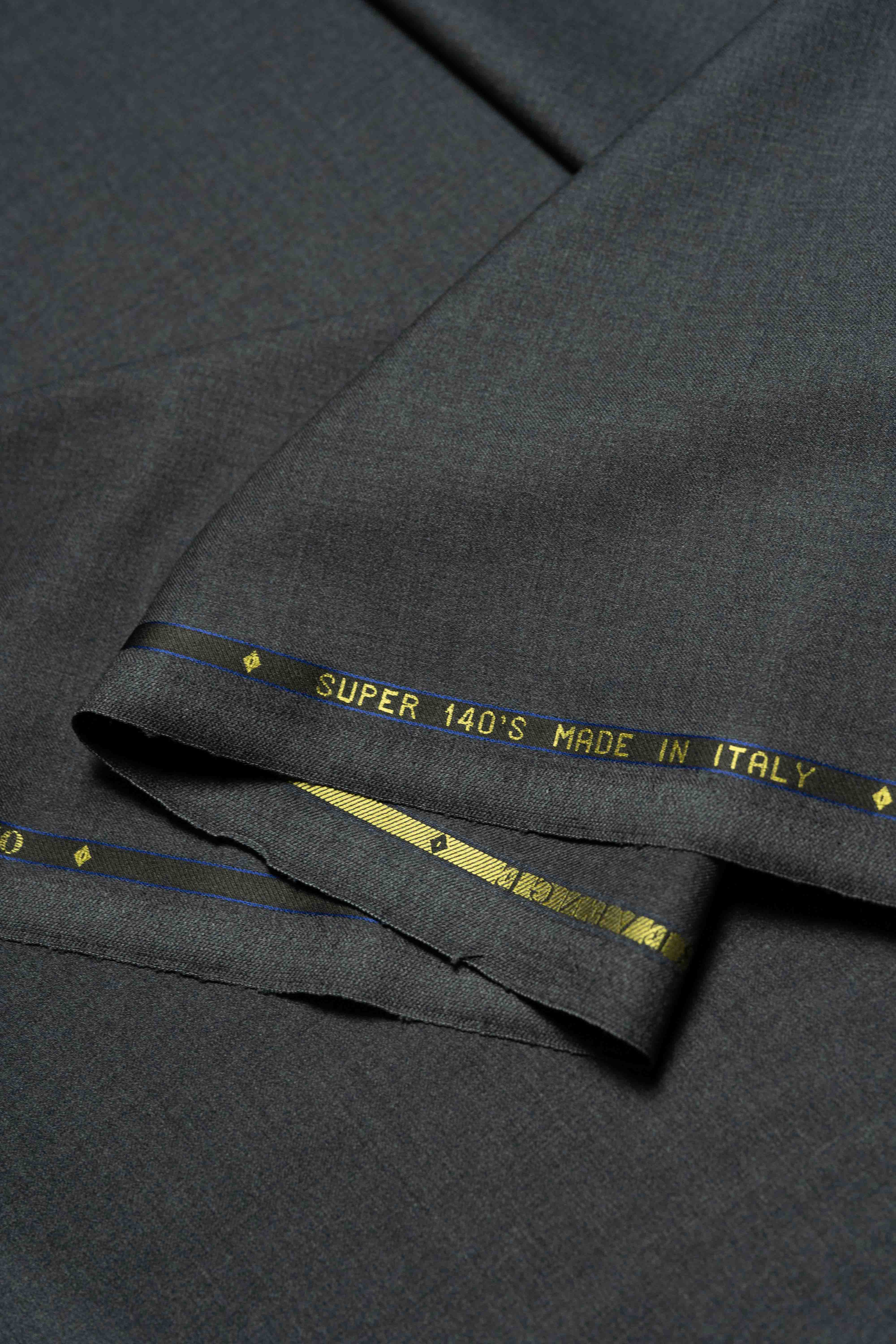 VBC Dark Grey Super 140's Wool Suit Fabric showcasing high-quality Italian craftsmanship details.