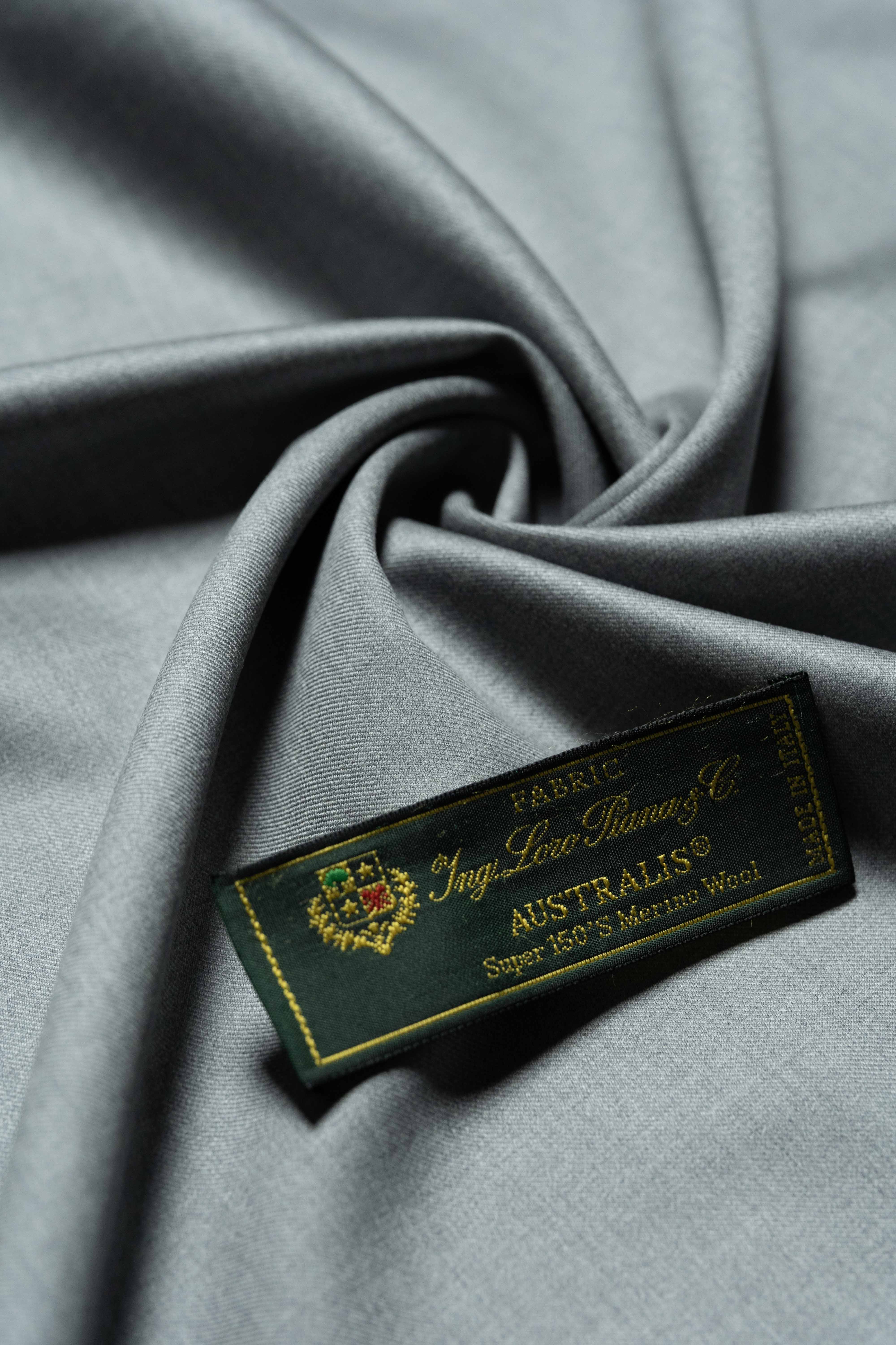 Loro Piana Grey Australis 150's Merino Wool Suit Fabric with texture and label detail.