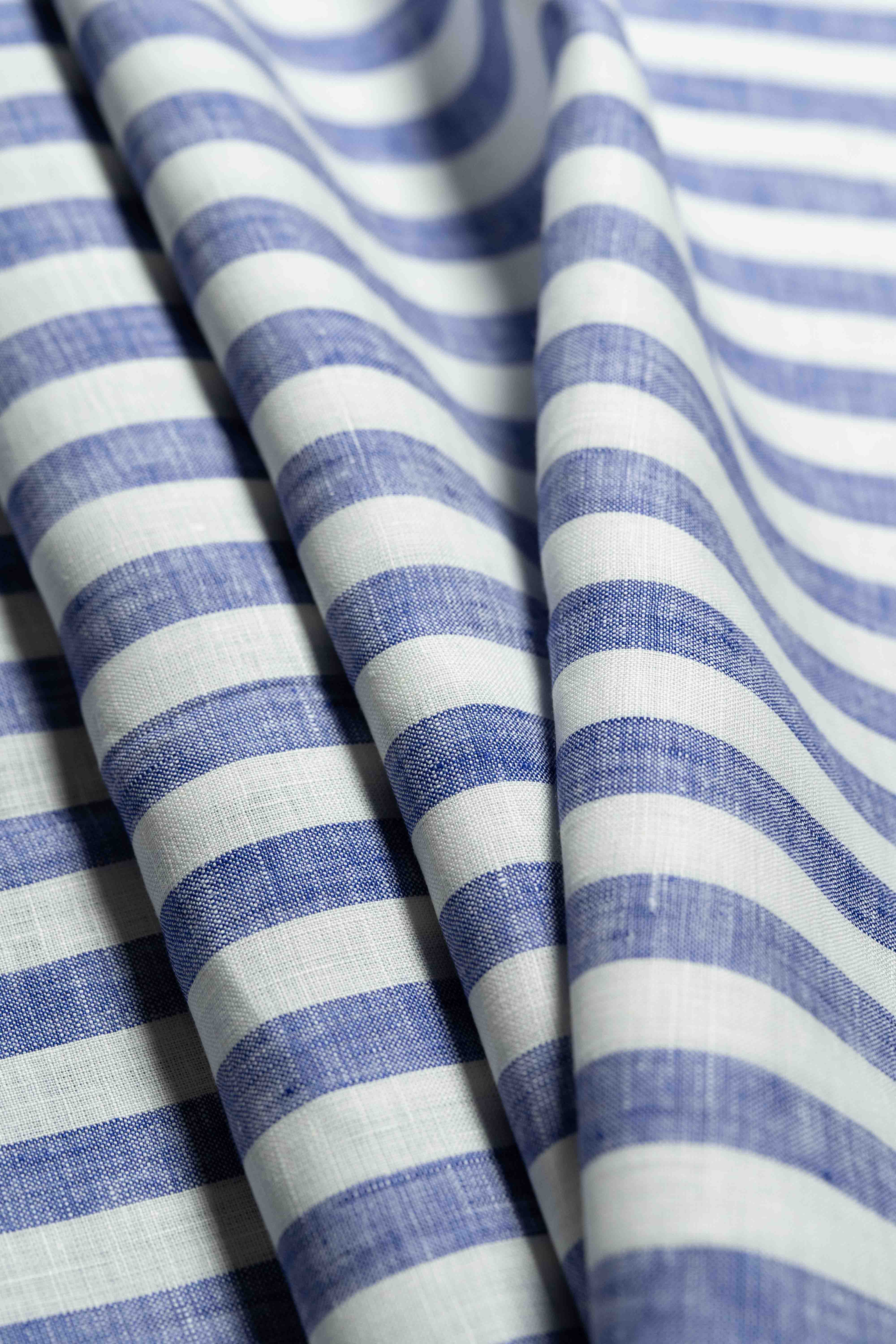 Solbiati Linen Navy Stripe Shirt Fabric showcasing premium quality stripes in navy and white colors.