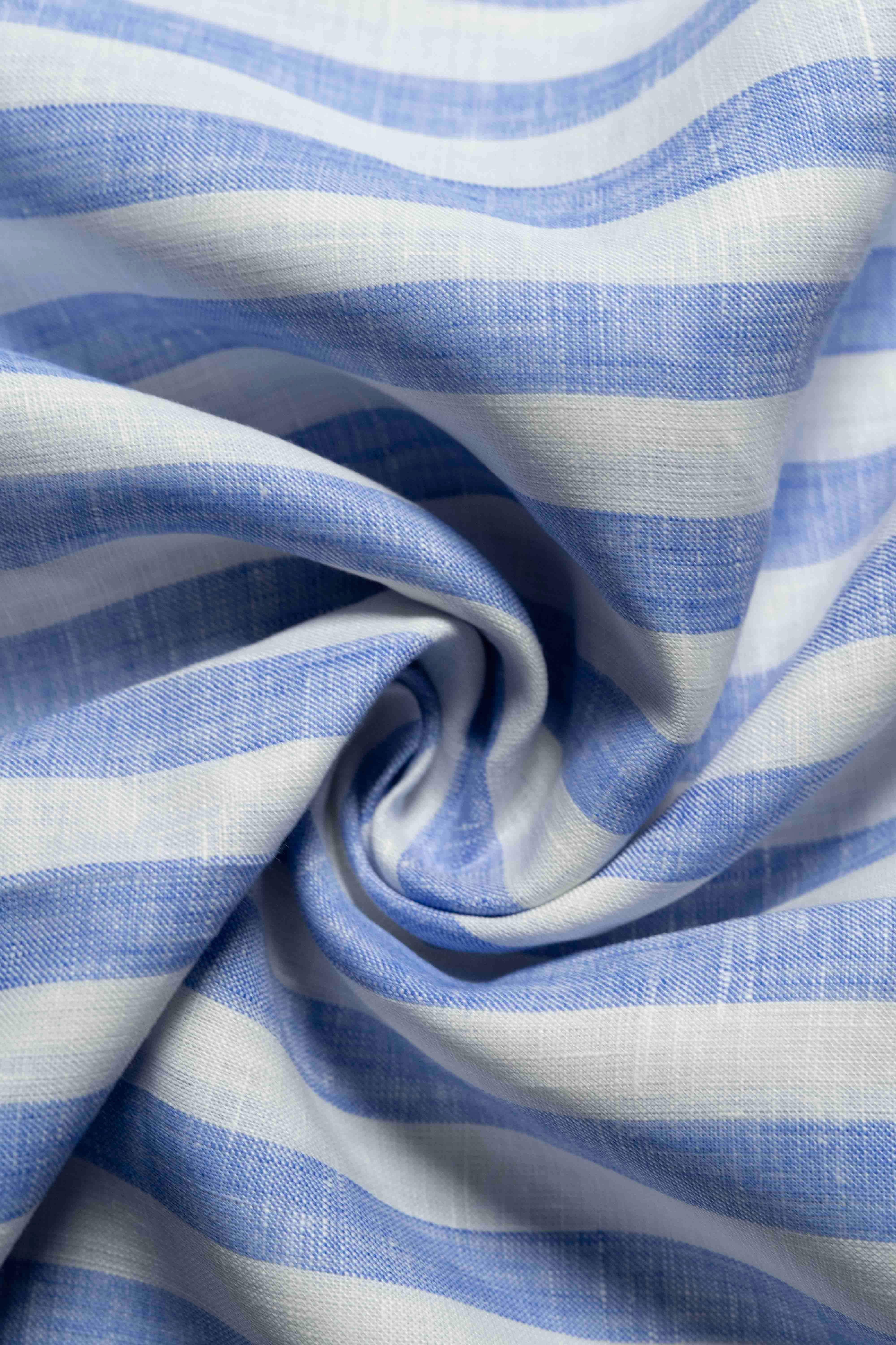 Solbiati linen light blue stripe shirt fabric showcasing premium quality and texture, ideal for warm-weather fashion.