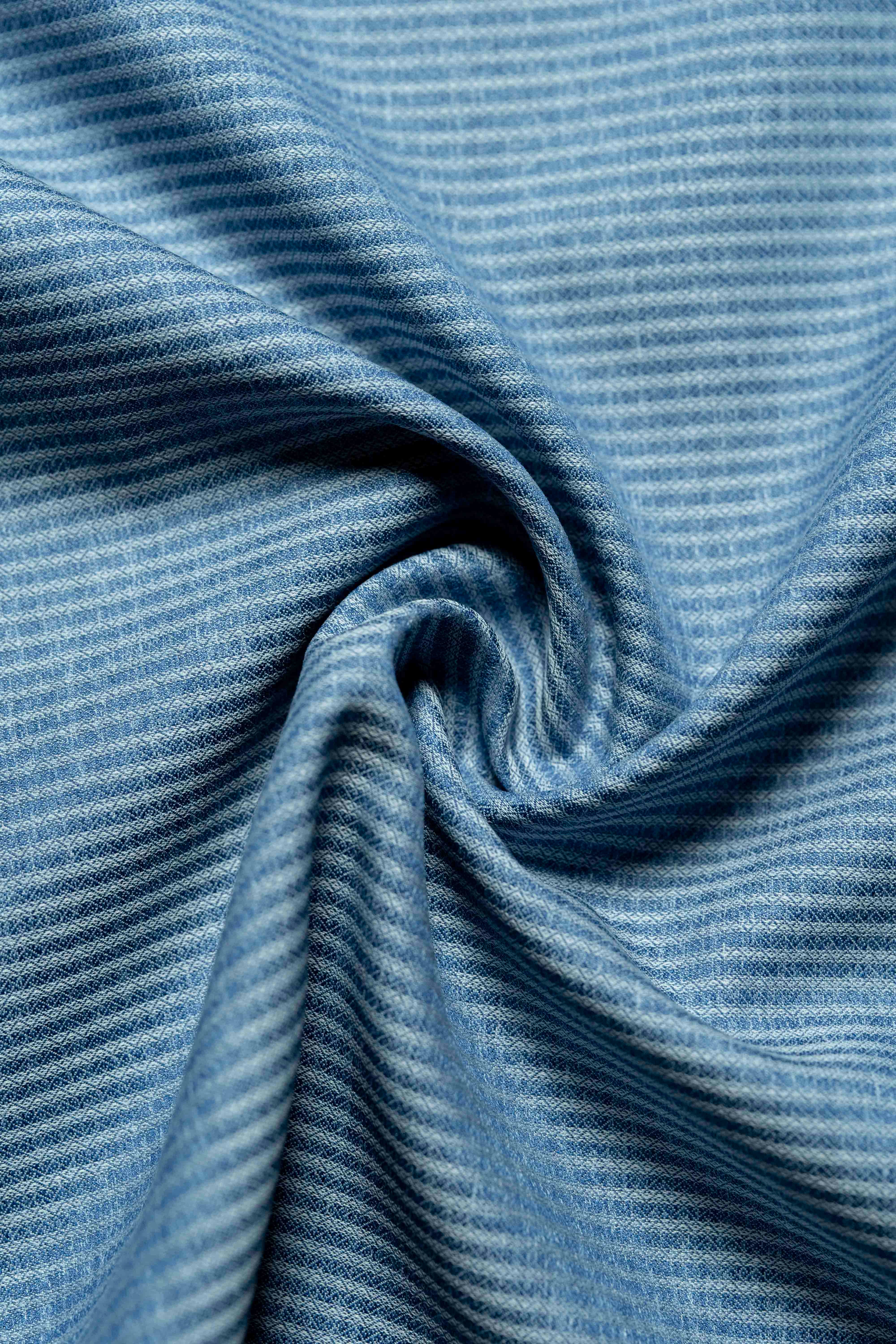 Carlo Riva Blue Stripe Shirt Fabric close-up showing texture and design with a width of 90cm.