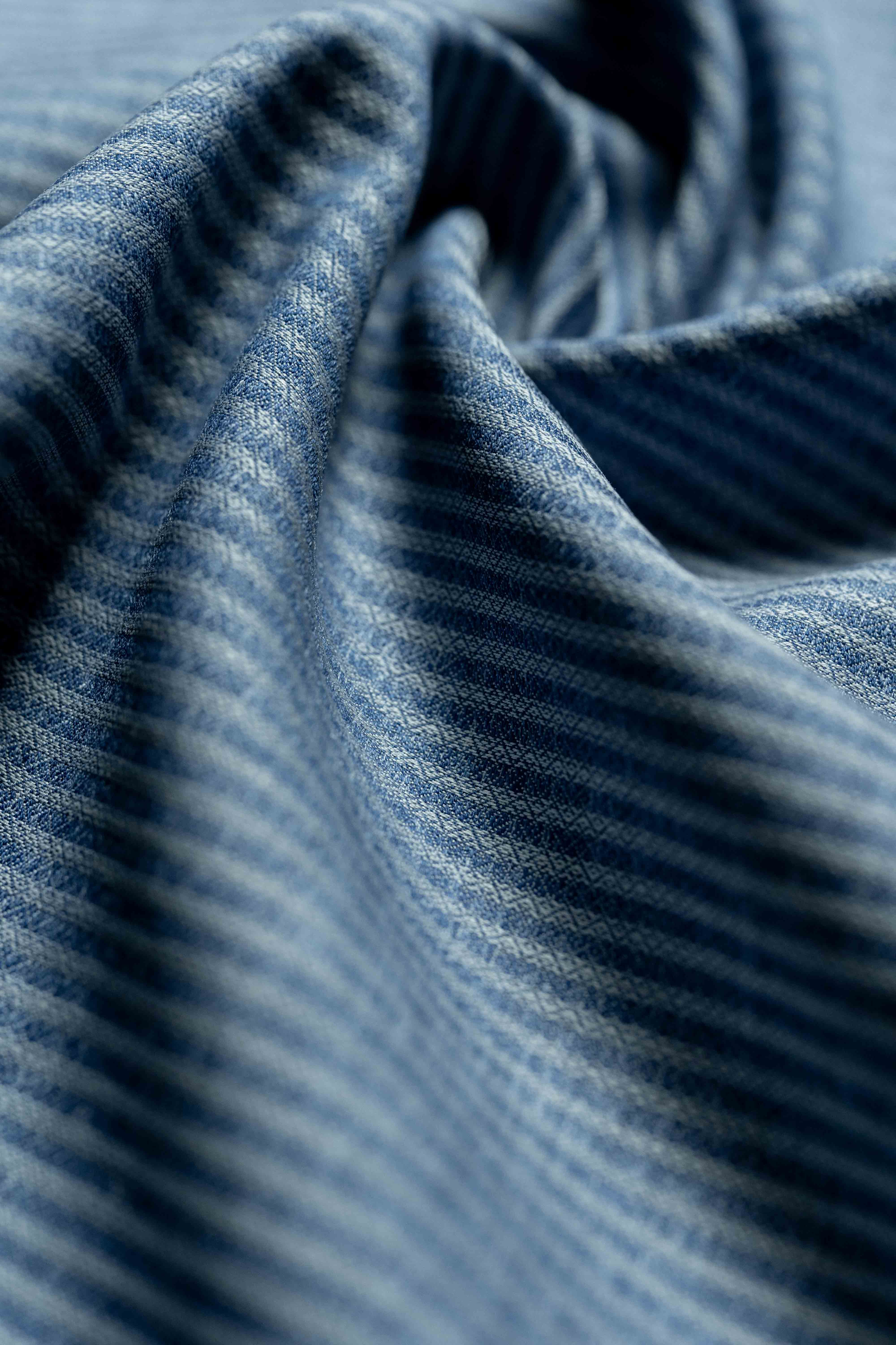 Carlo Riva Blue Stripe Shirt Fabric close-up showing the textured pattern and smooth finish, width 90cm.