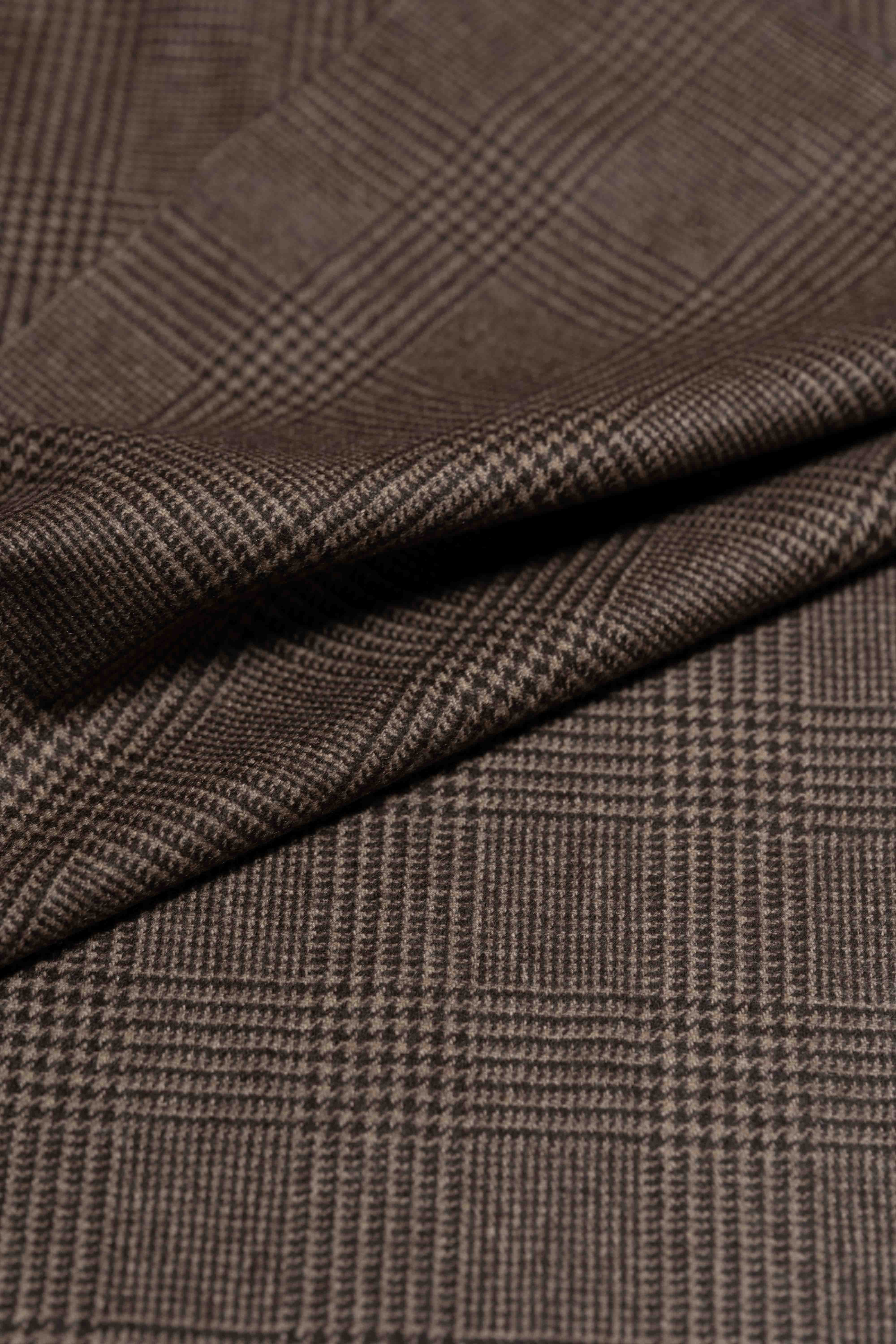 Joshua Ellis Brown Glen Plaid Pure Cashmere fabric in rich brown tones with detailed texture.