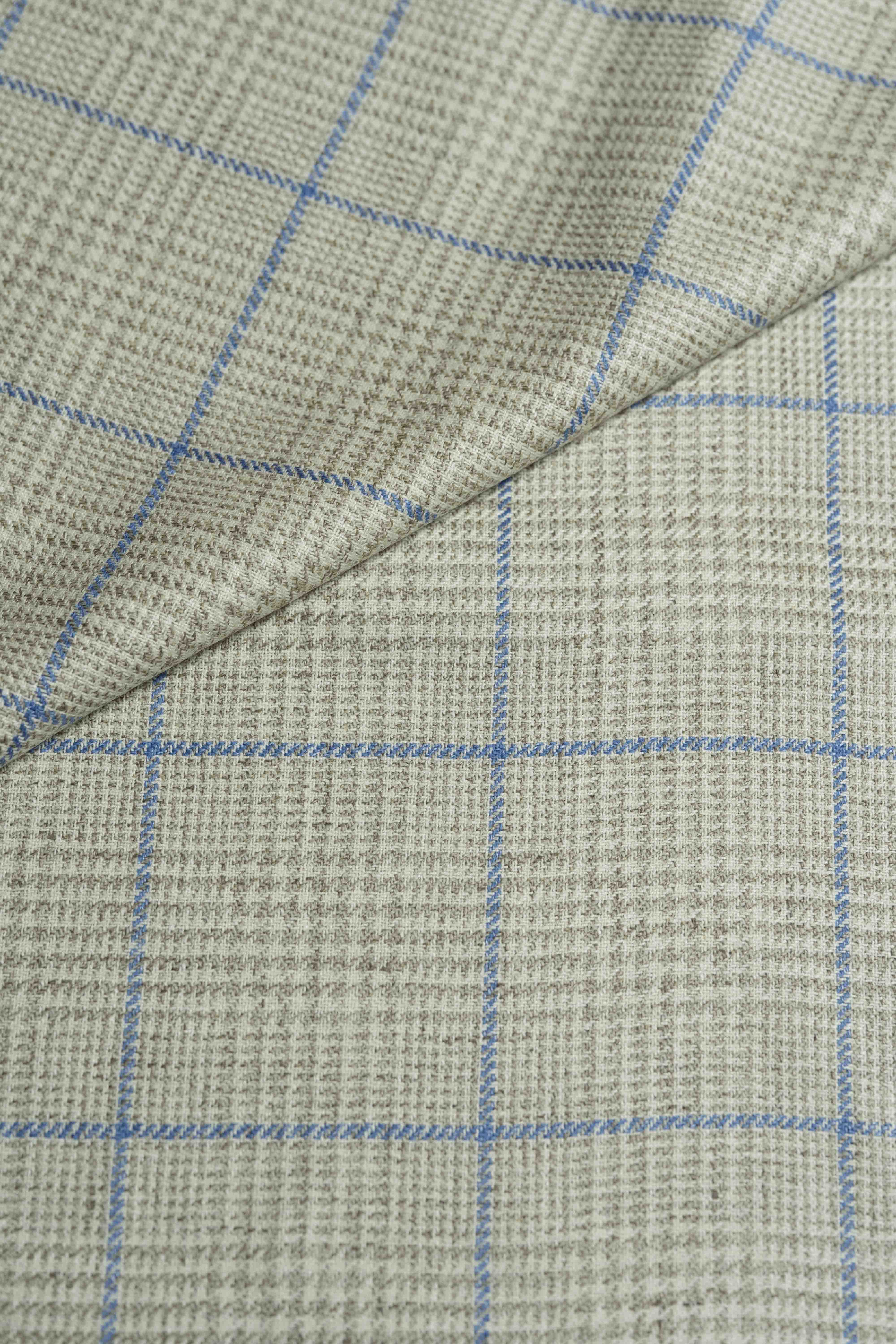 Marling & Evans Blue Check Linen Cotton Suit Jacketing fabric with beige and blue patterns.