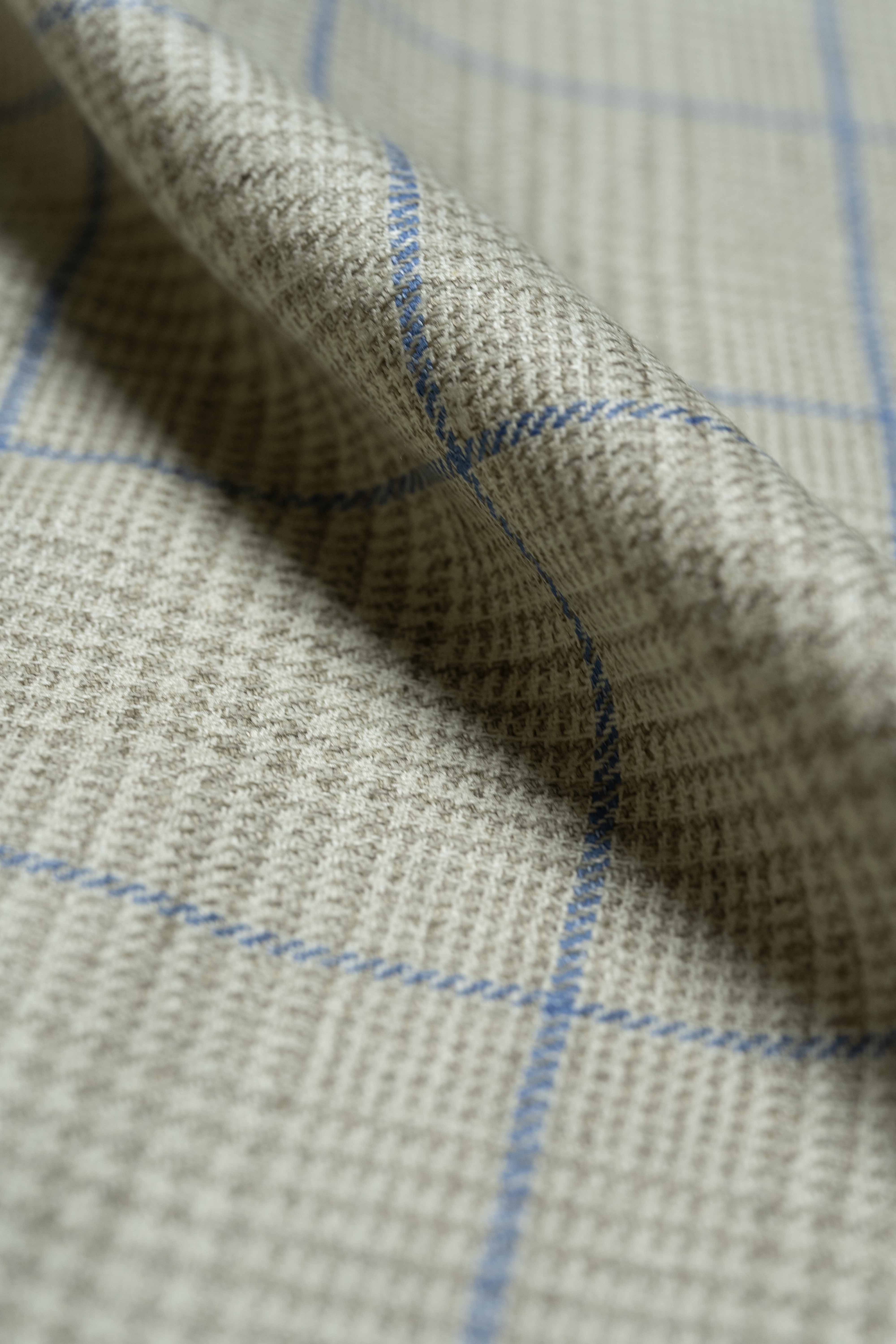 Marling & Evans Blue Check Linen Cotton Suit Jacketing fabric close-up showing texture and pattern.