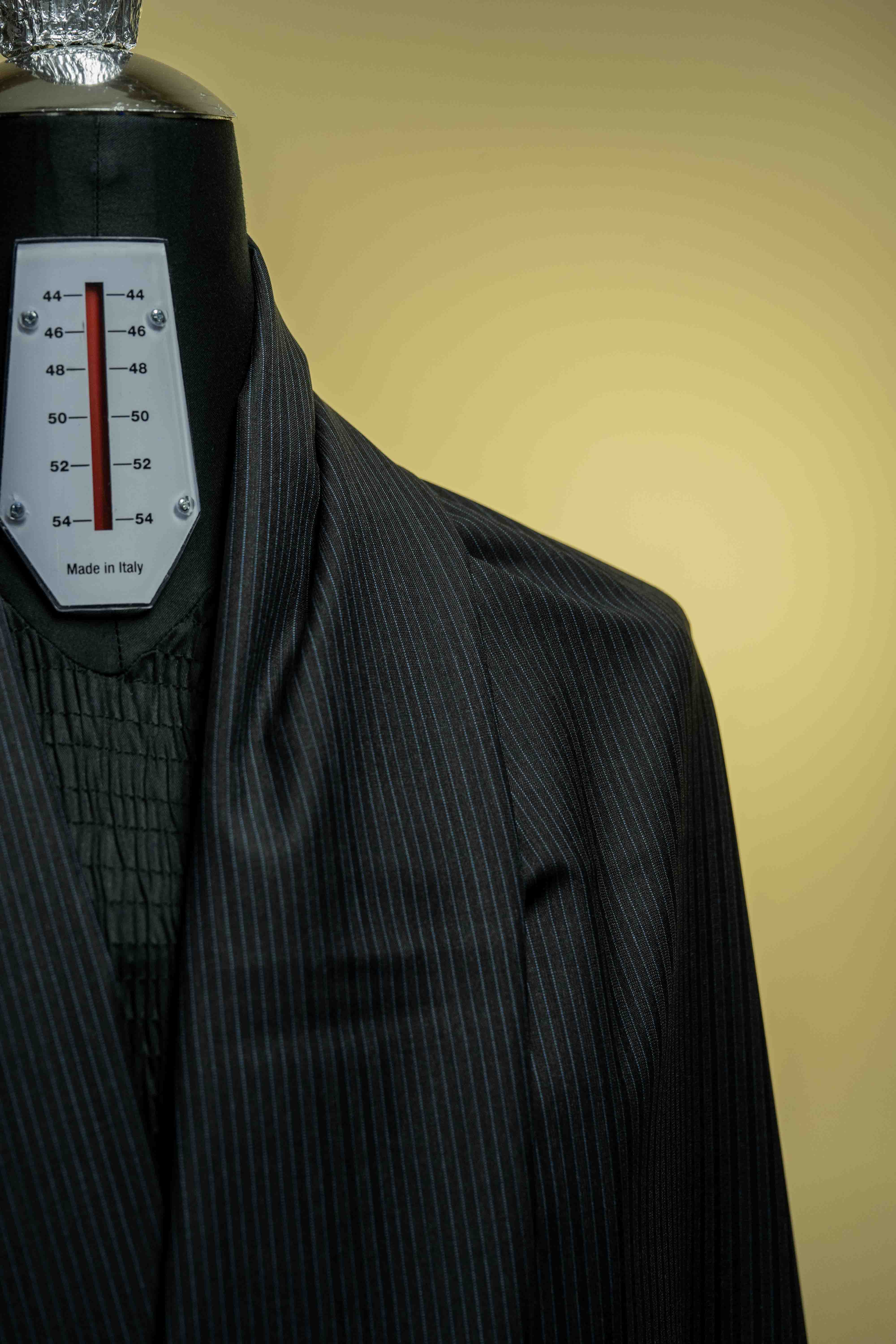 Lassiere Charcoal Blue Stripe 130's Suit fabric (V23310) showcased on a mannequin.