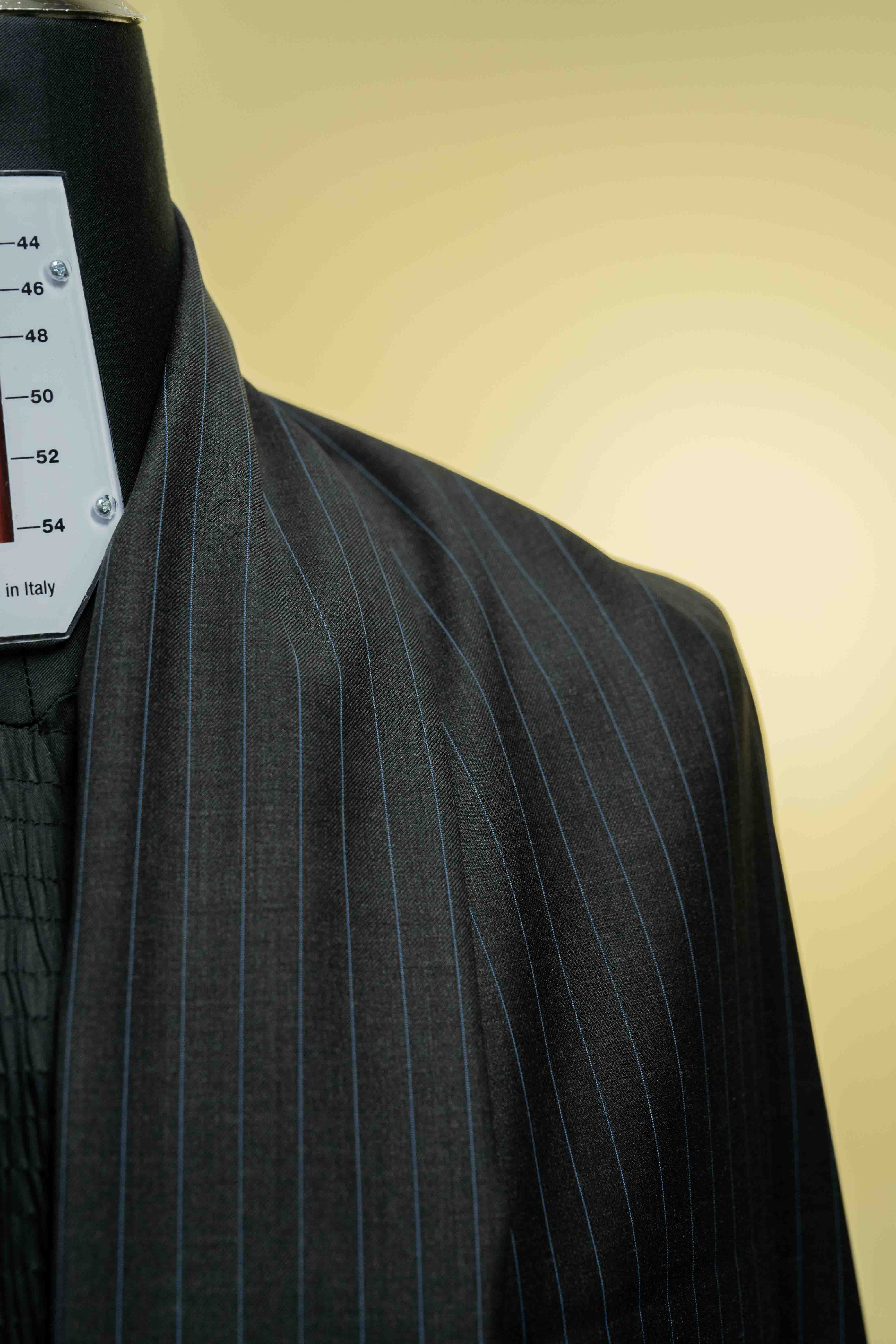 Charcoal blue stripe suit fabric made of cashmere, perfect for elegant tailoring.