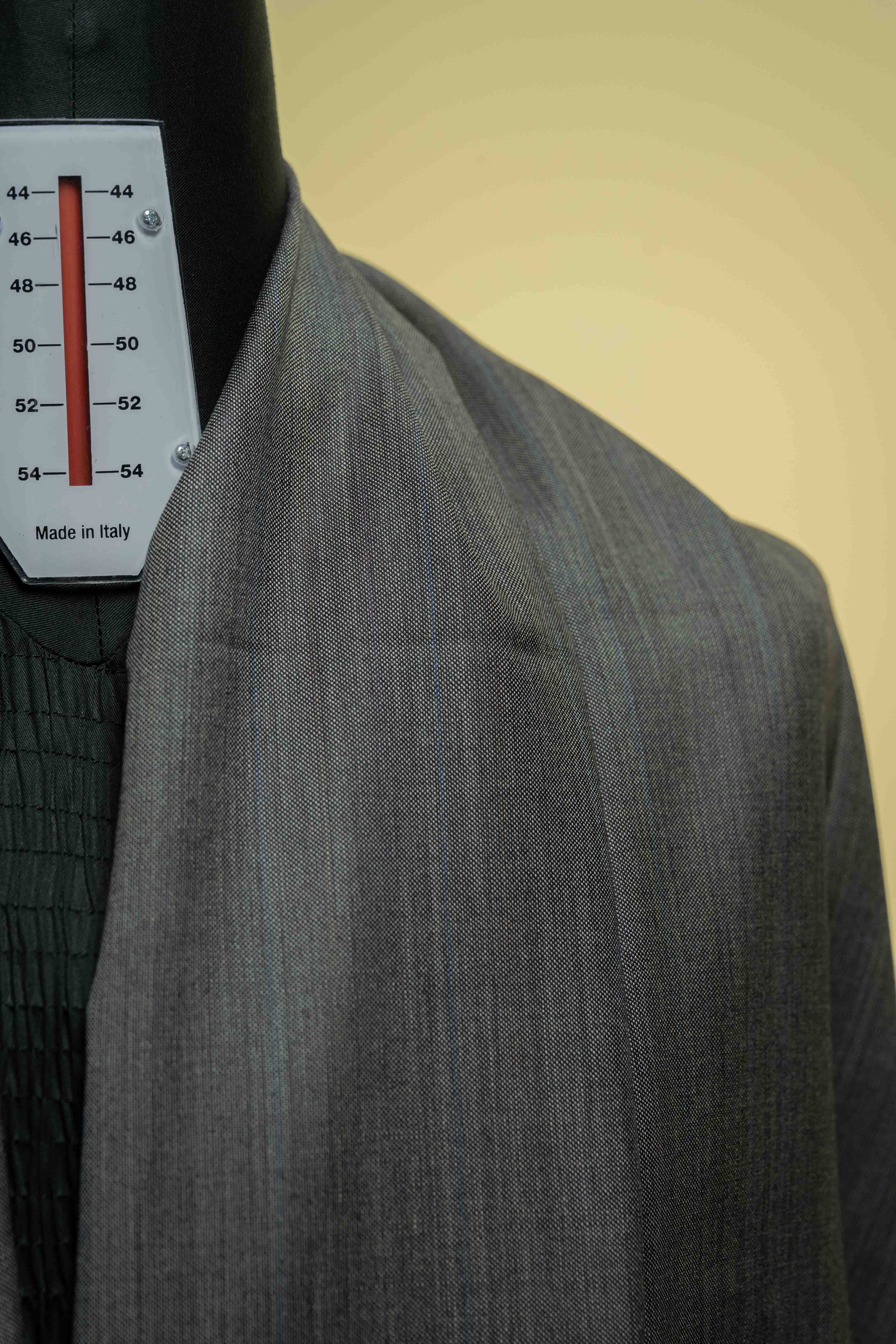 Scabal Grey Blue Stripe 100's Merino Suit Fabric measuring 2.8m+1.2m, displayed on a mannequin.