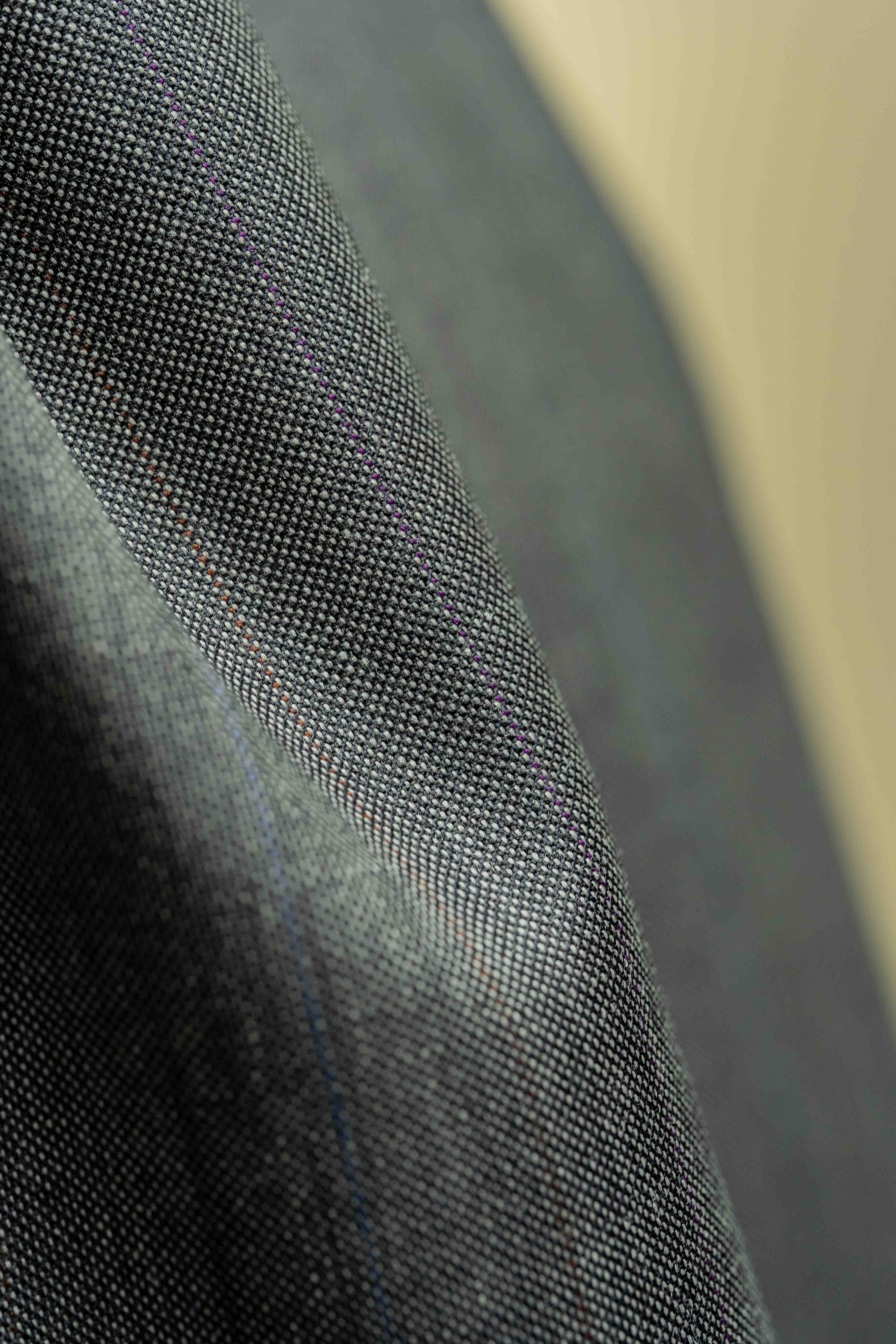 Scabal Grey Blue Stripe 100's Merino Suit Fabric, showcasing fine details and texture, perfect for tailored suits.