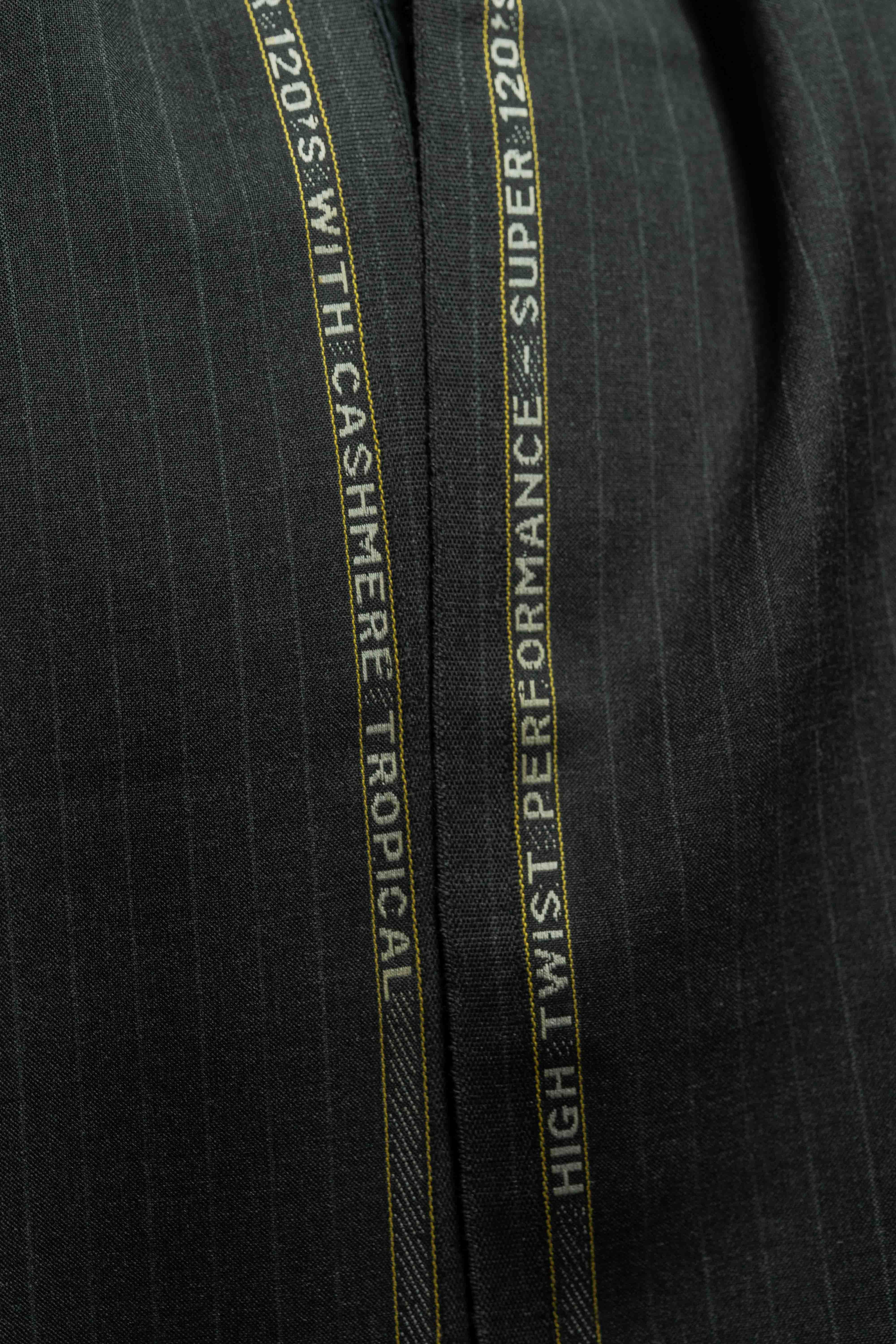 High Twist Dark Grey 120's Wool Cashmere wool suit fabric with cashmere and tropical performance details.
