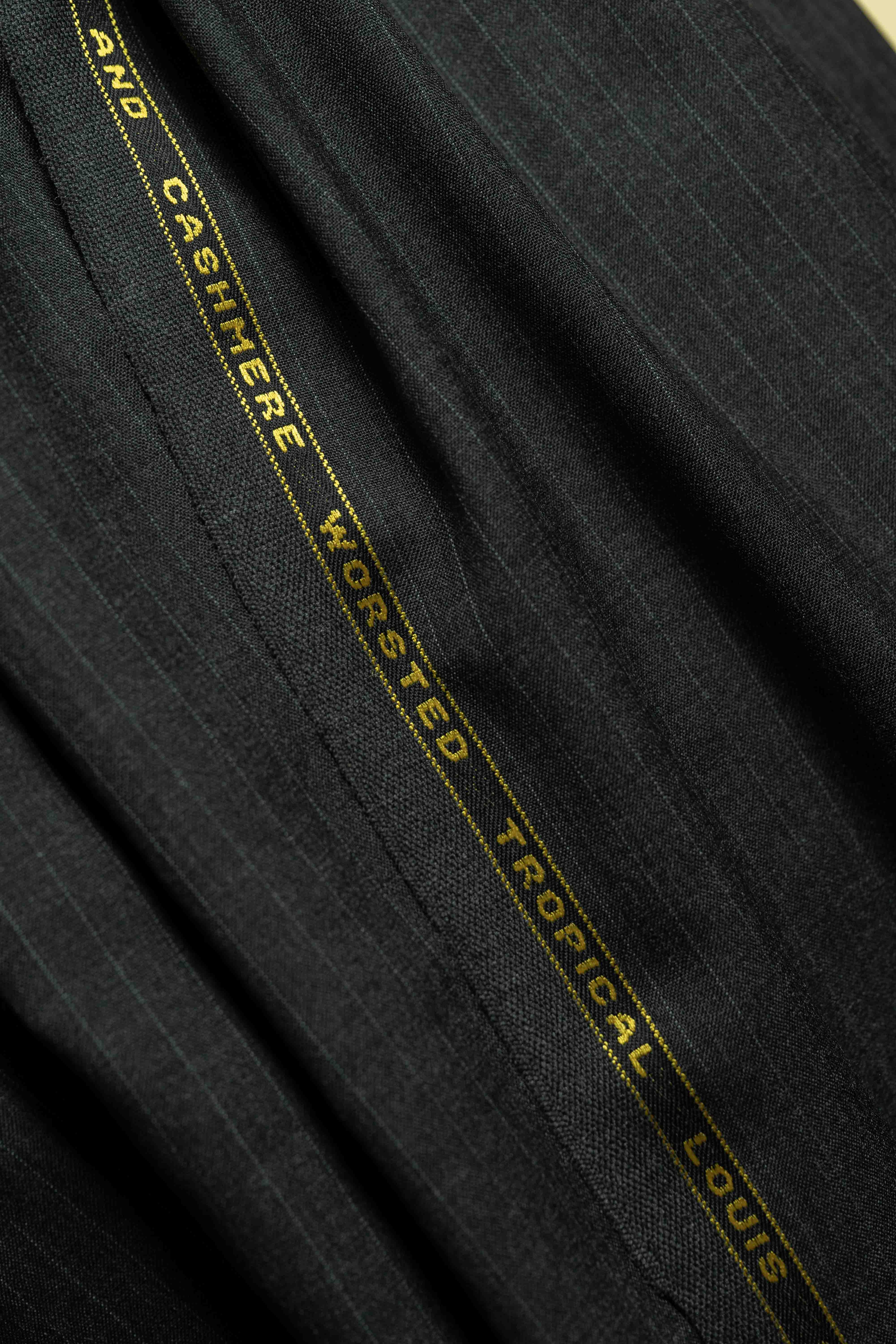 Mid Grey PinStripe 130's Wool Cashmere fabric close-up for suits, showcasing cashmere blend texture and quality.