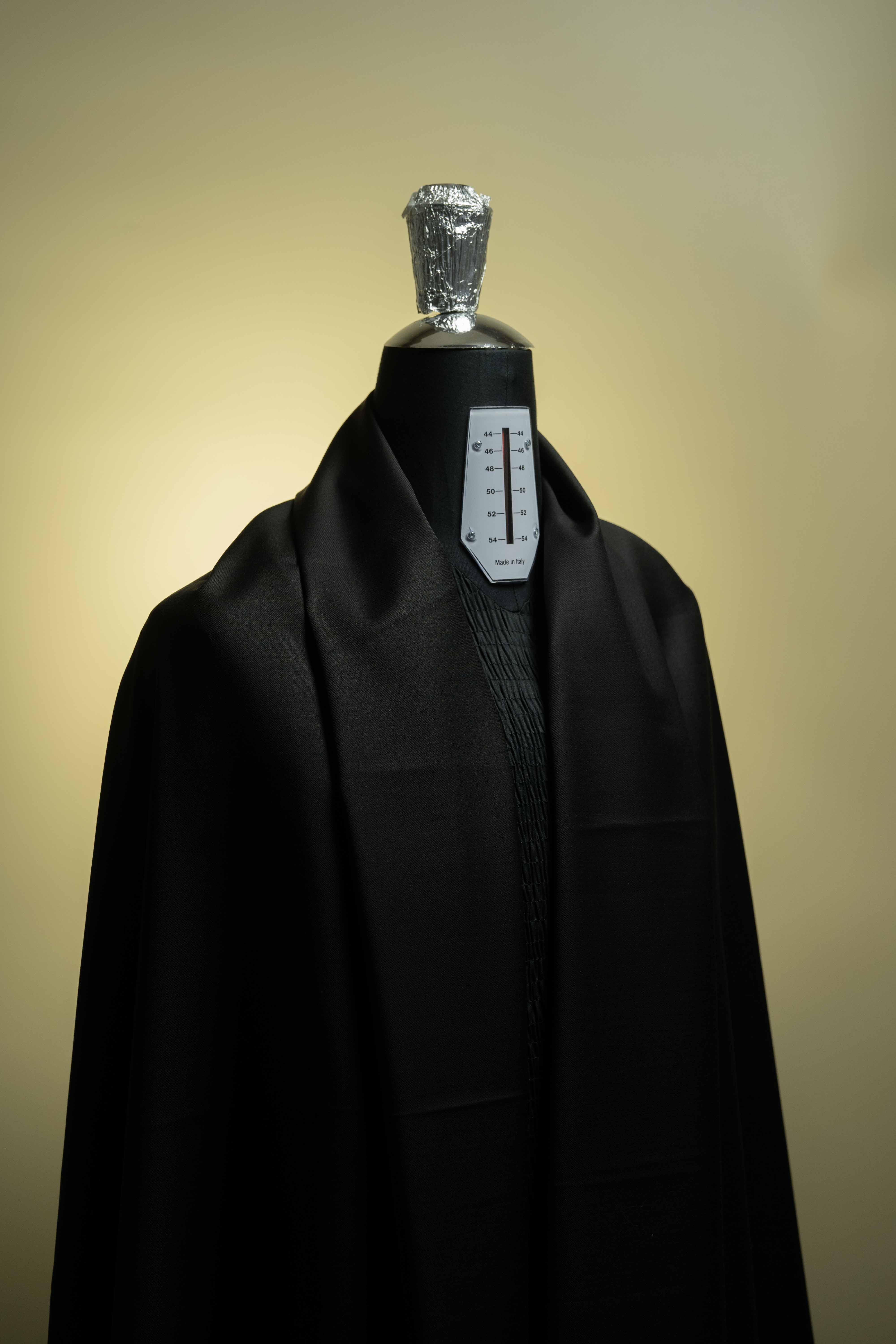 Black Merino Cashmere Wool with Silk Suit Jacket (V20358) displayed on a mannequin.