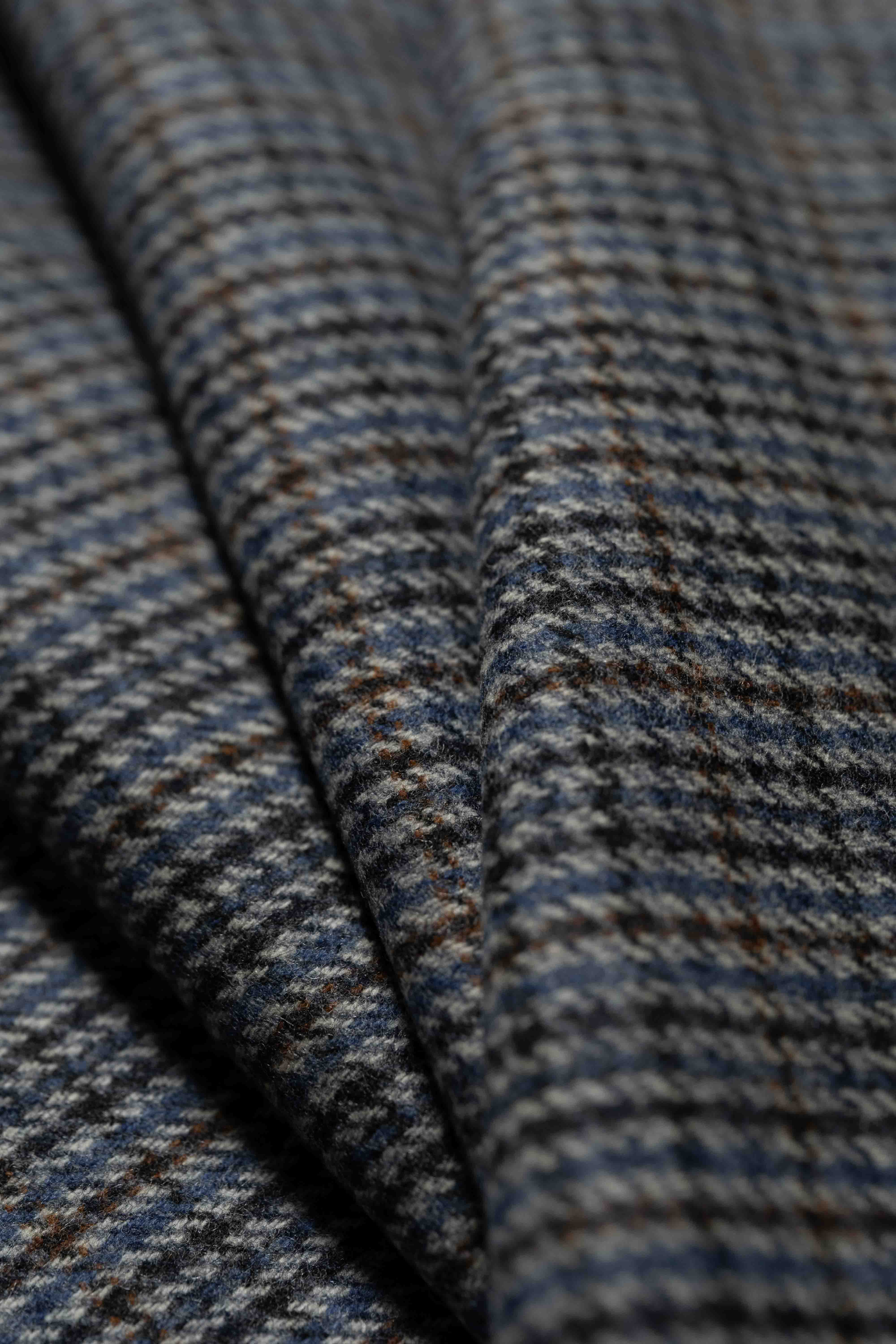 Scabal Check Pure Lambswool Suit Fabric (SA-1110) in rich blue, grey, and brown hues, 1.7m length.