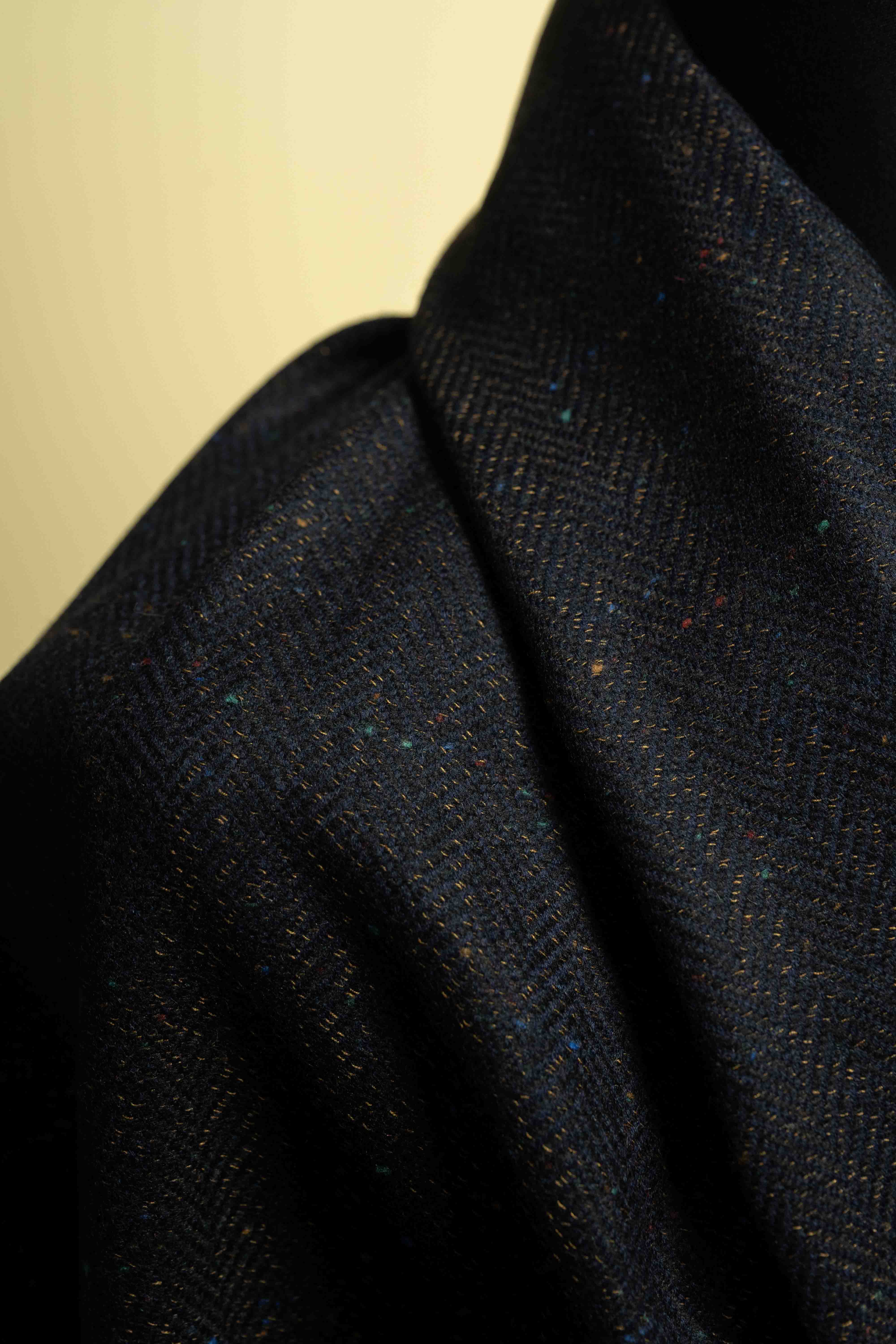 Fancy Wool Jacket Fabric for Men Suit, showcasing a textured black fabric with colorful flecks.