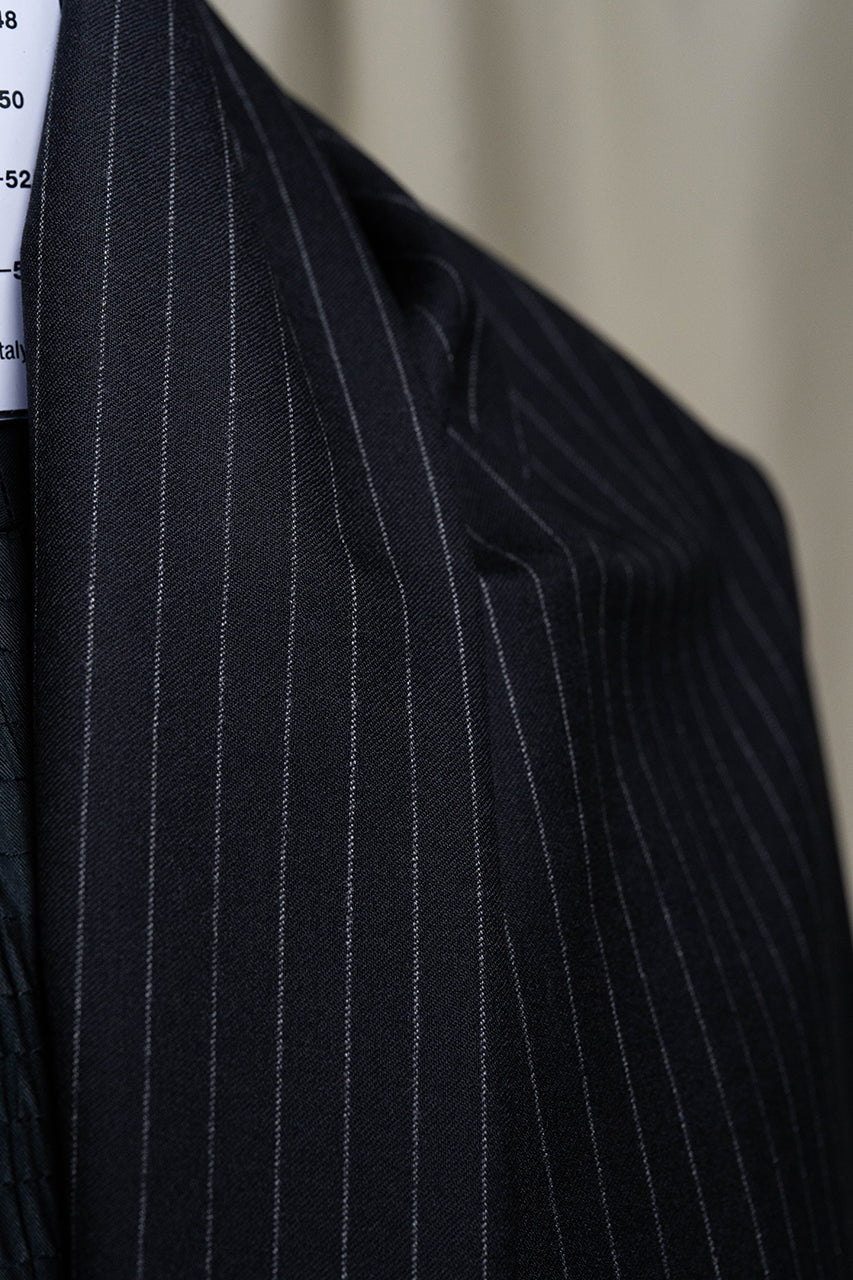 VBC Lightweight Super 120s Black Stripe Flannel Suiting fabric with fine stripes, ideal for elegant suit designs.