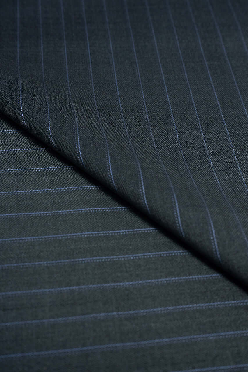 Zegna Traveller charcoal purple stripe superfine Australian wool suit fabric close-up showcasing intricate details.