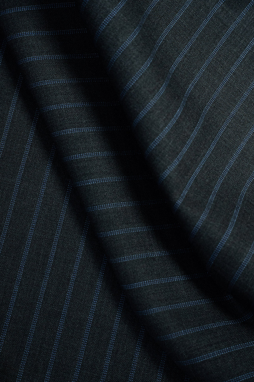 Zegna fabric featuring charcoal stripes on superfine Australian wool, showcasing texture and design in rich colors.