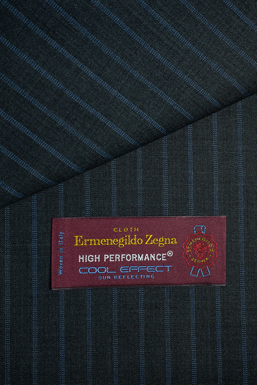 Zegna fabric featuring charcoal stripes and Cool Effect label on superfine Australian wool suit fabric.