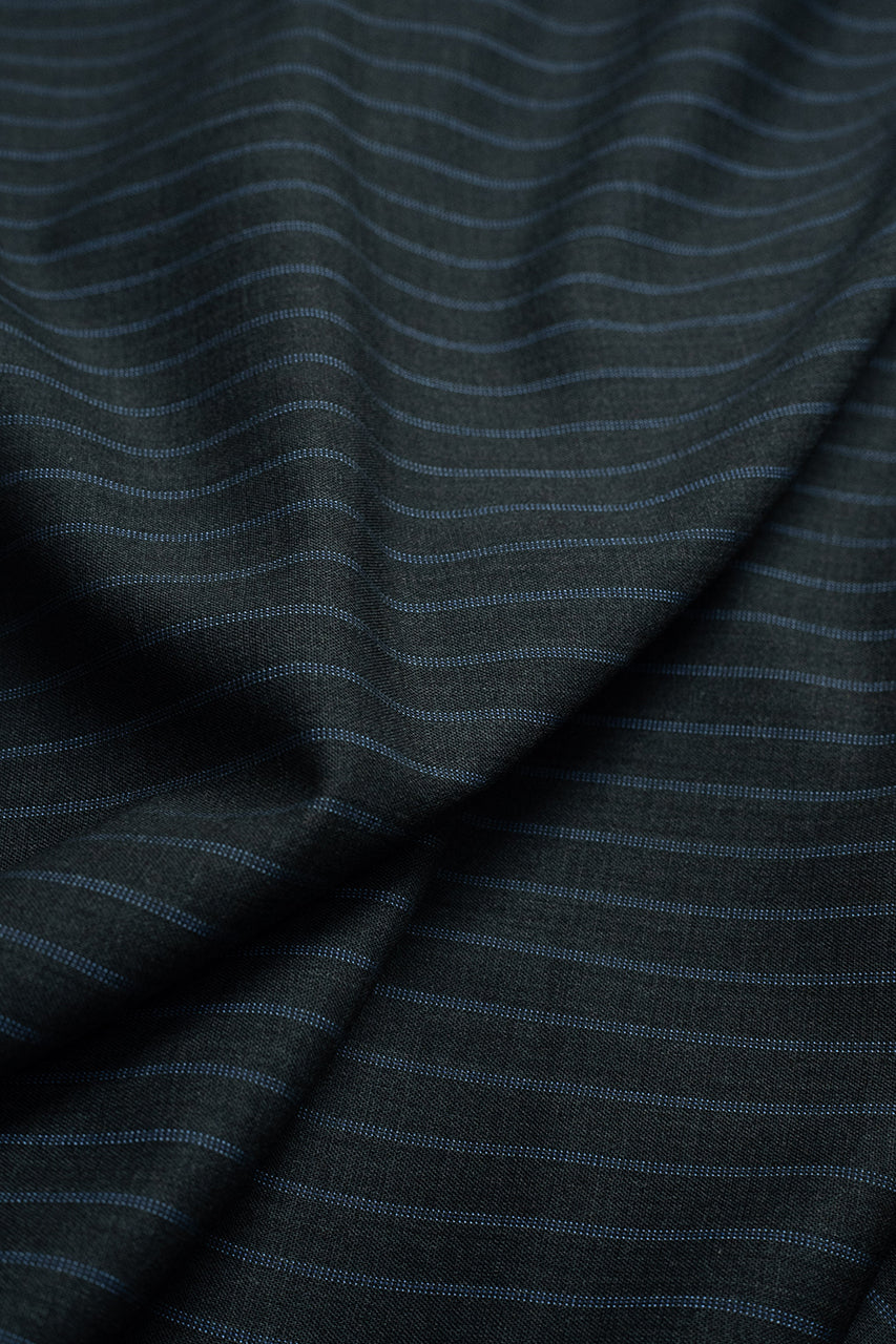 Zegna fabric featuring a charcoal stripe design on superfine Australian wool, perfect for stylish suits.