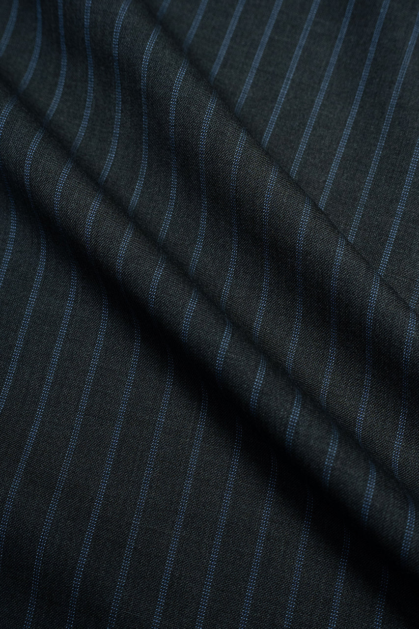 Zegna fabric in charcoal stripe pattern made from superfine Australian wool, measuring 3.2m for high-quality suits.