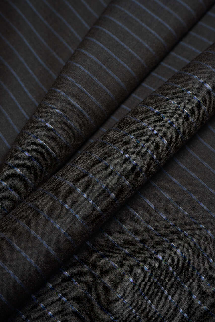 Zegna Traveller Dark Brown Stripe Superfine Australian Wool Suit Fabric close-up view