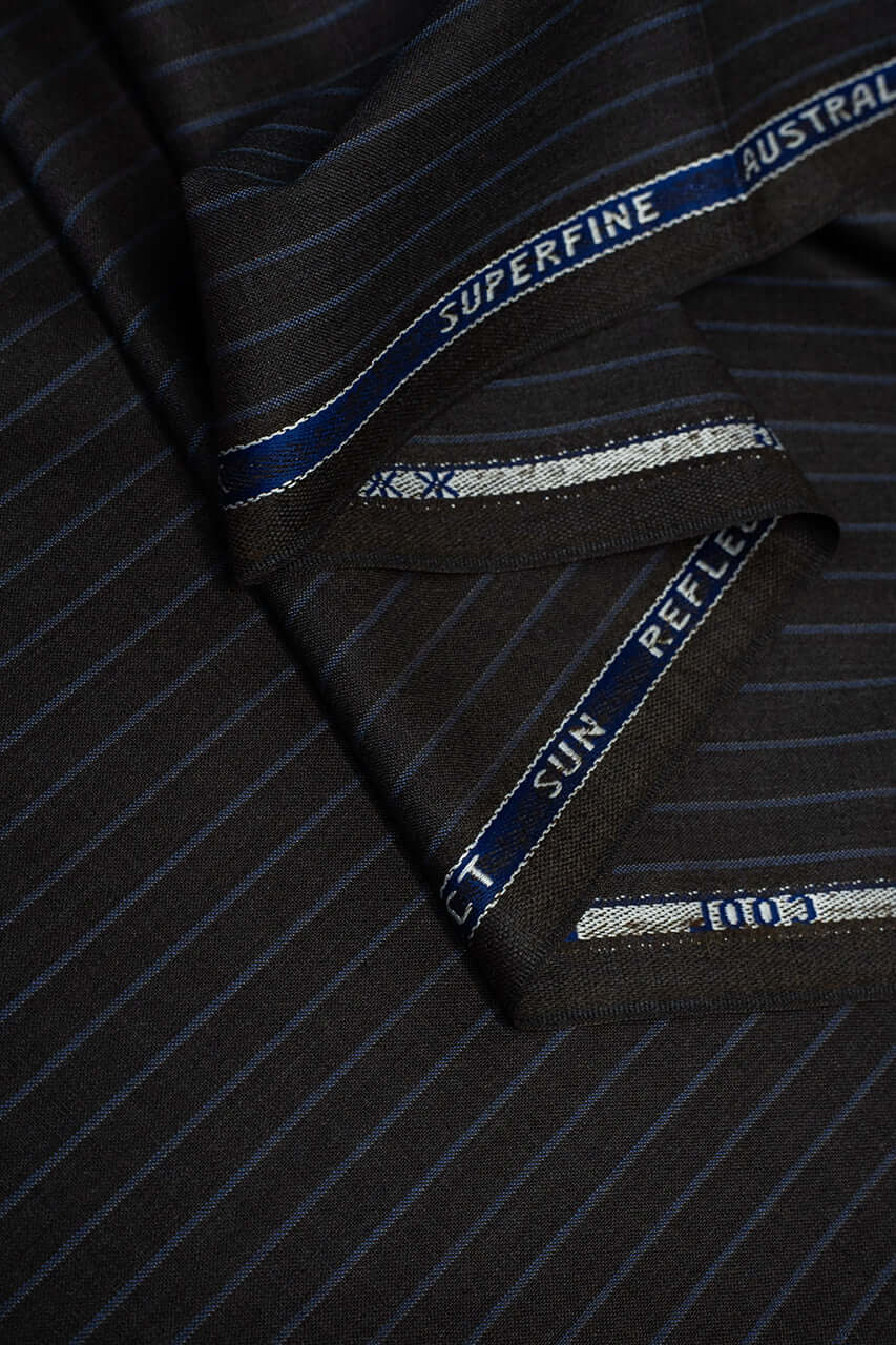 Zegna Traveller Dark Brown Stripe Superfine Australian Wool Suit Fabric close-up showing texture and details