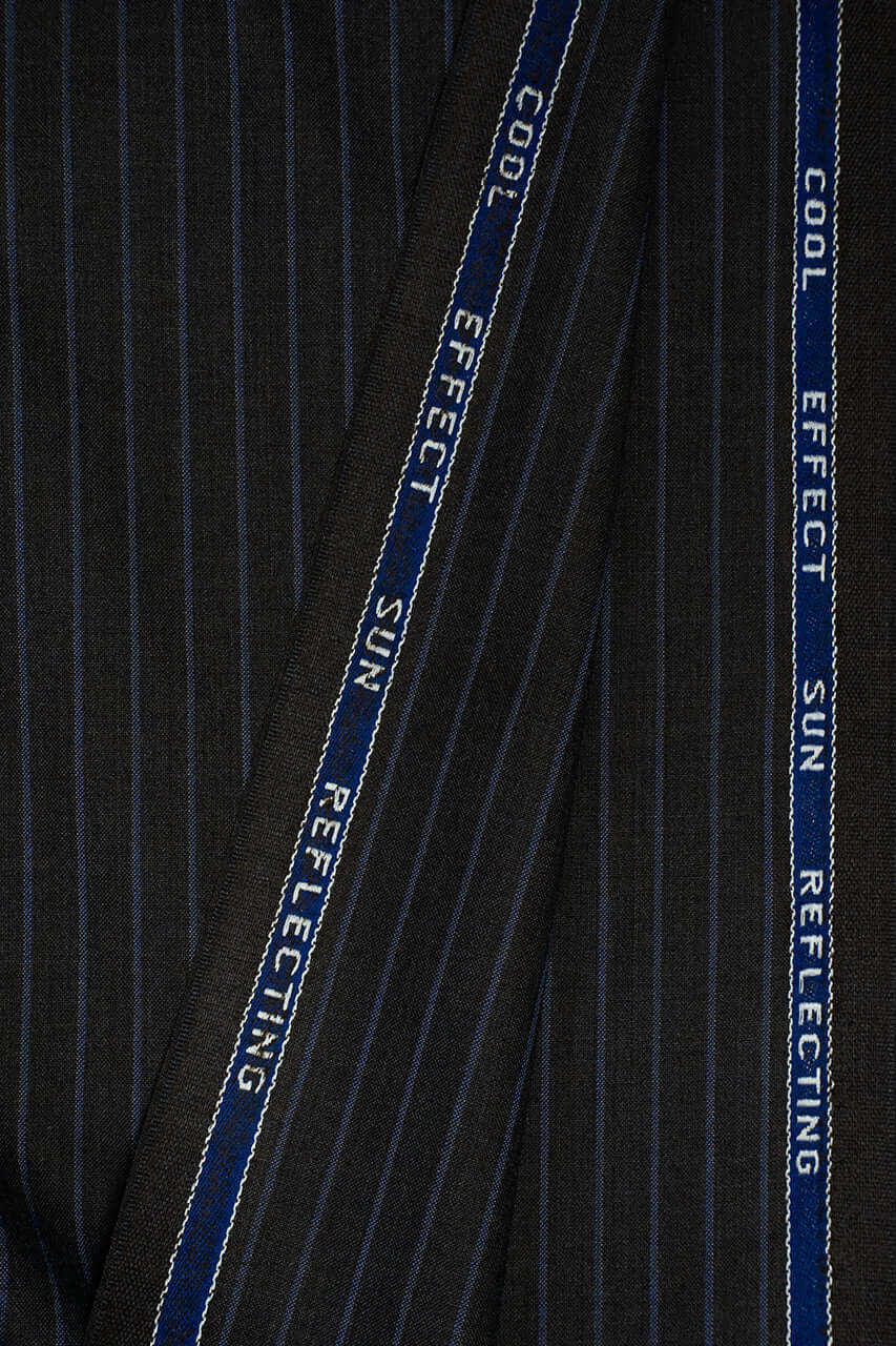 Zegna Traveller dark brown stripe superfine Australian wool suit fabric with cool effect and sun reflecting properties.